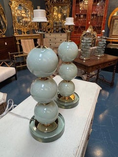 Pair of Pale Blue Murano Glass Ball Form Lamps