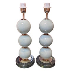 Pair of Pale Blue Murano Glass Ball Form Lamps