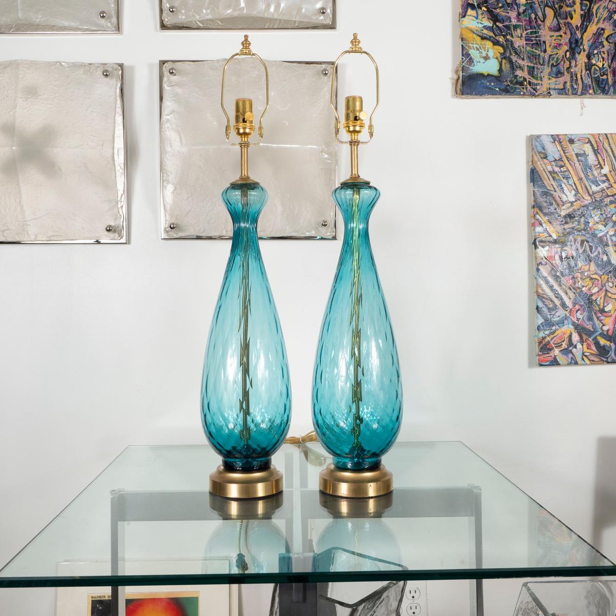 Mid-Century Modern Pair of Pale Blue Murano Glass Lamps For Sale