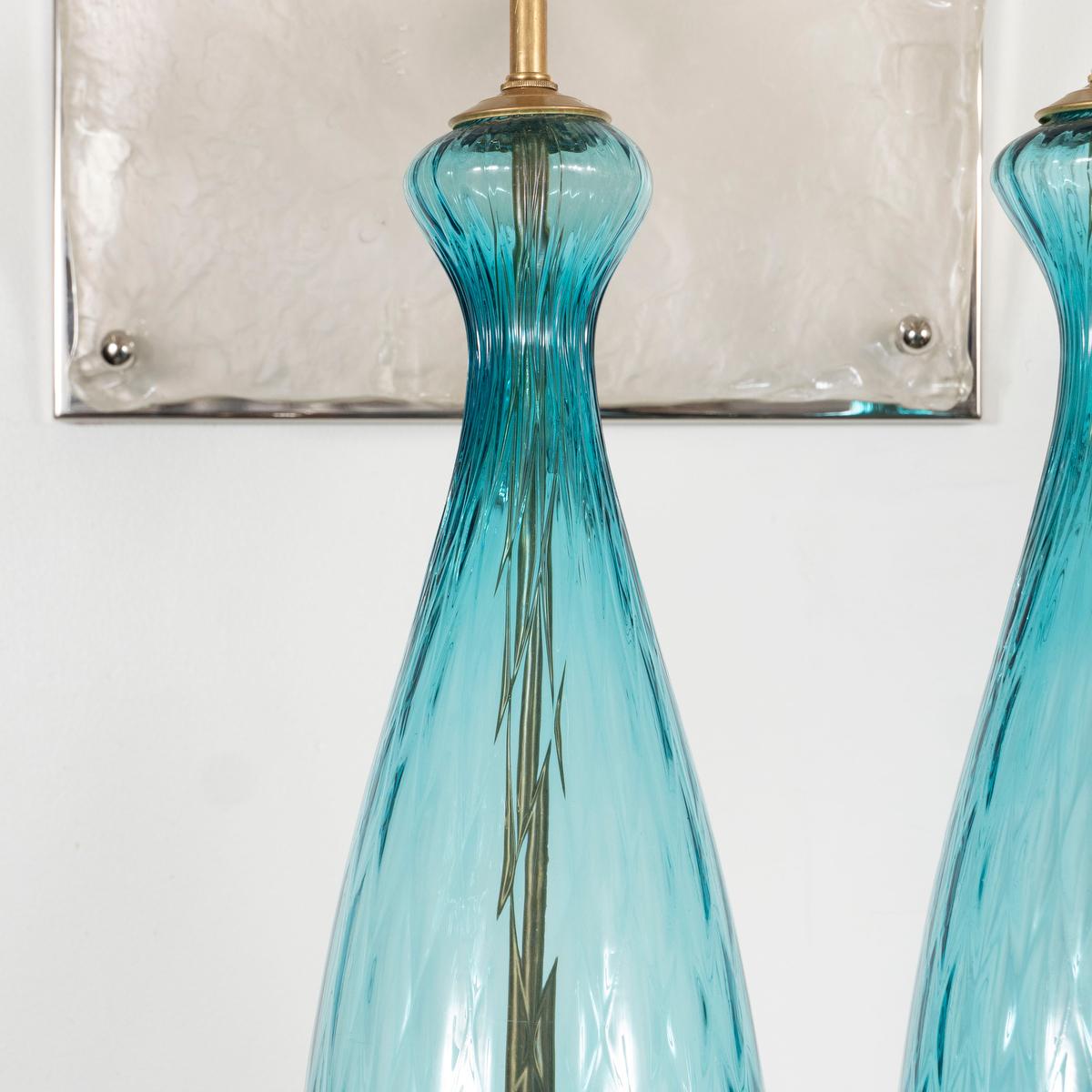 Mid-20th Century Pair of Pale Blue Murano Glass Lamps For Sale
