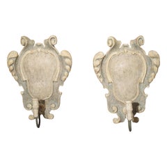Pair of Pale Blue Painted and Carved Wooden Cartouche Sconces from Italy