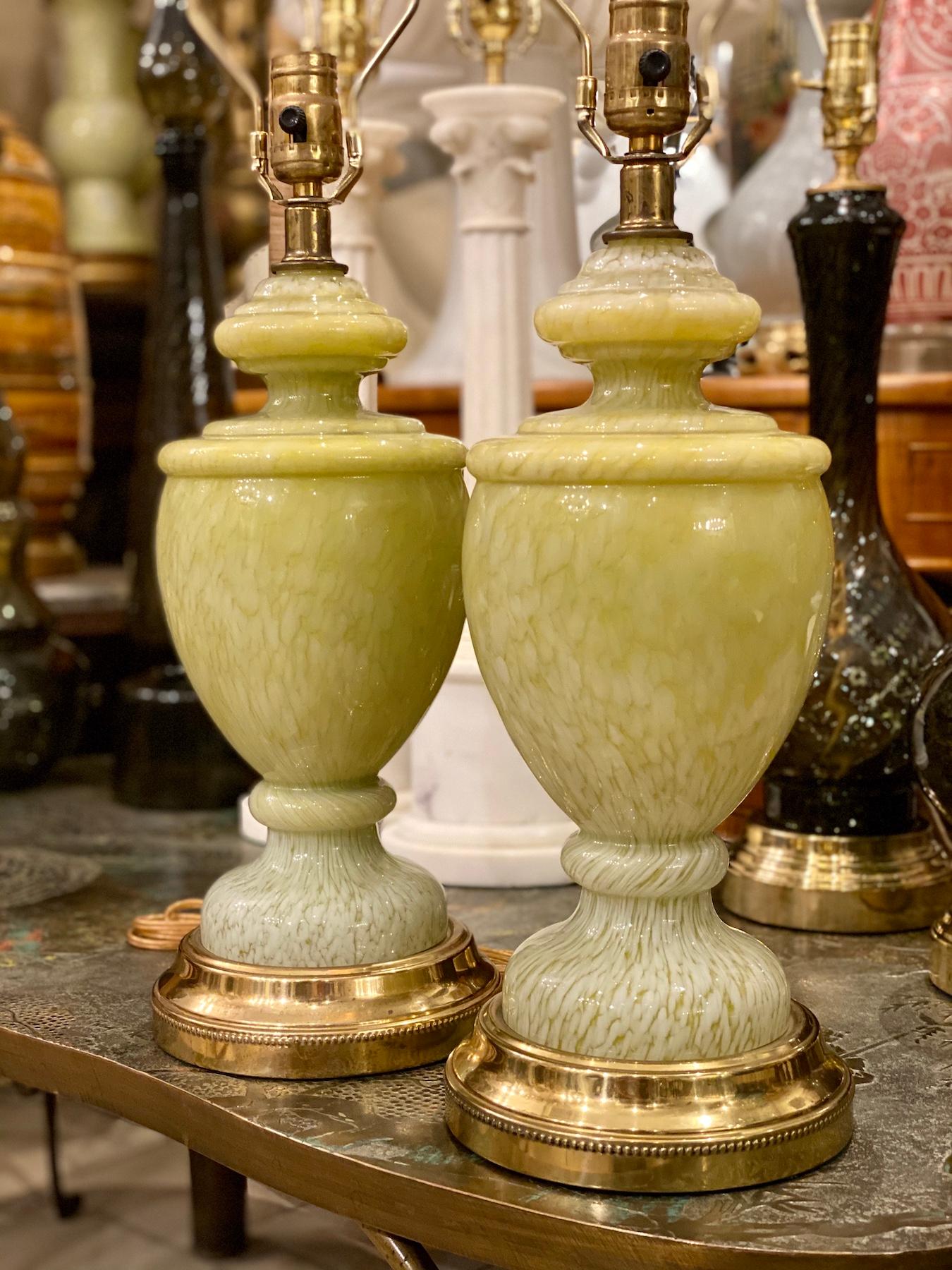 Mid-20th Century Pair of Pale Green French Art Glass Table Lamps For Sale