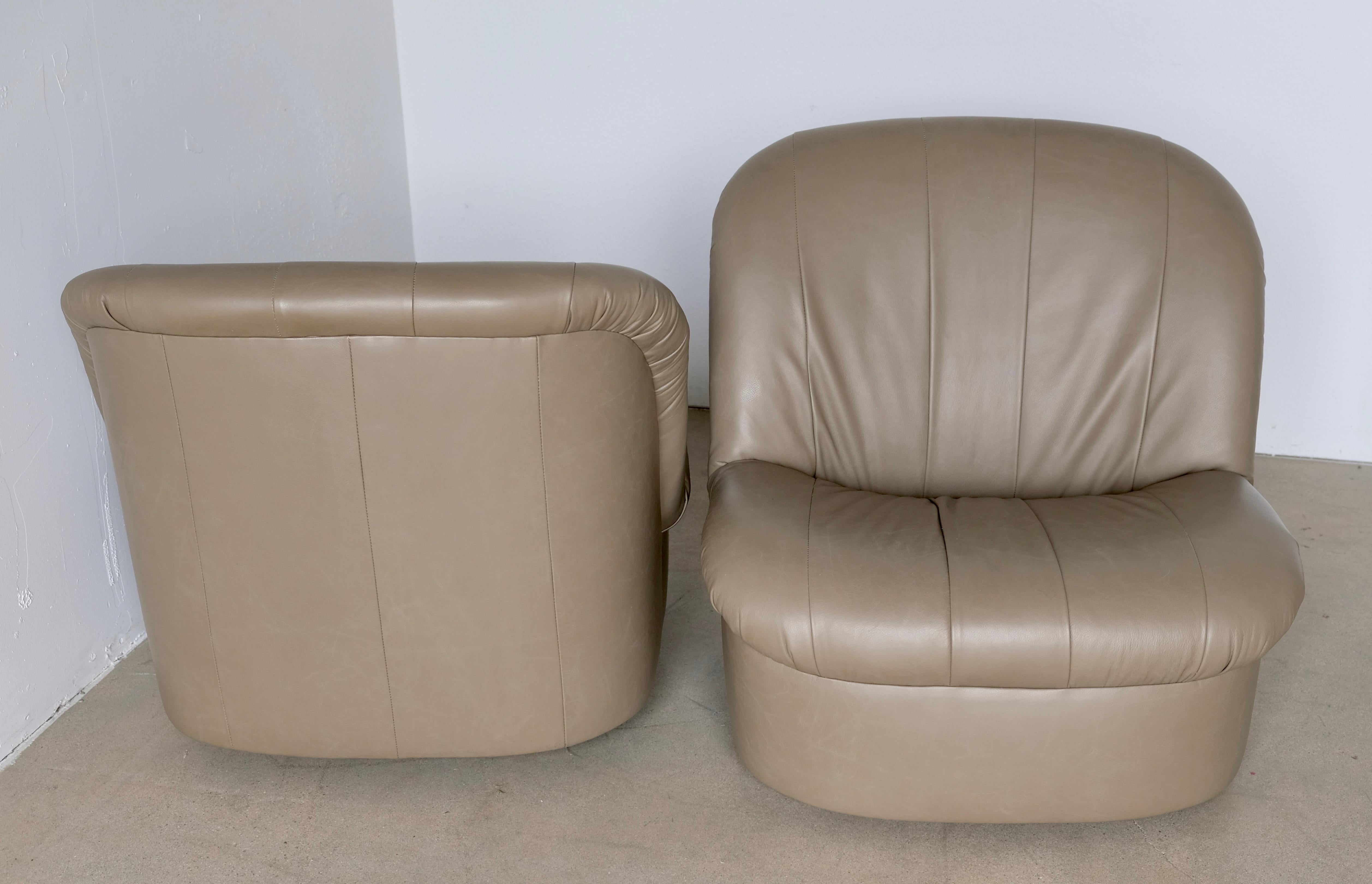 Pair of Pale Olive Green Leather Low 1970s Swivel Slipper Lounge Chairs 1