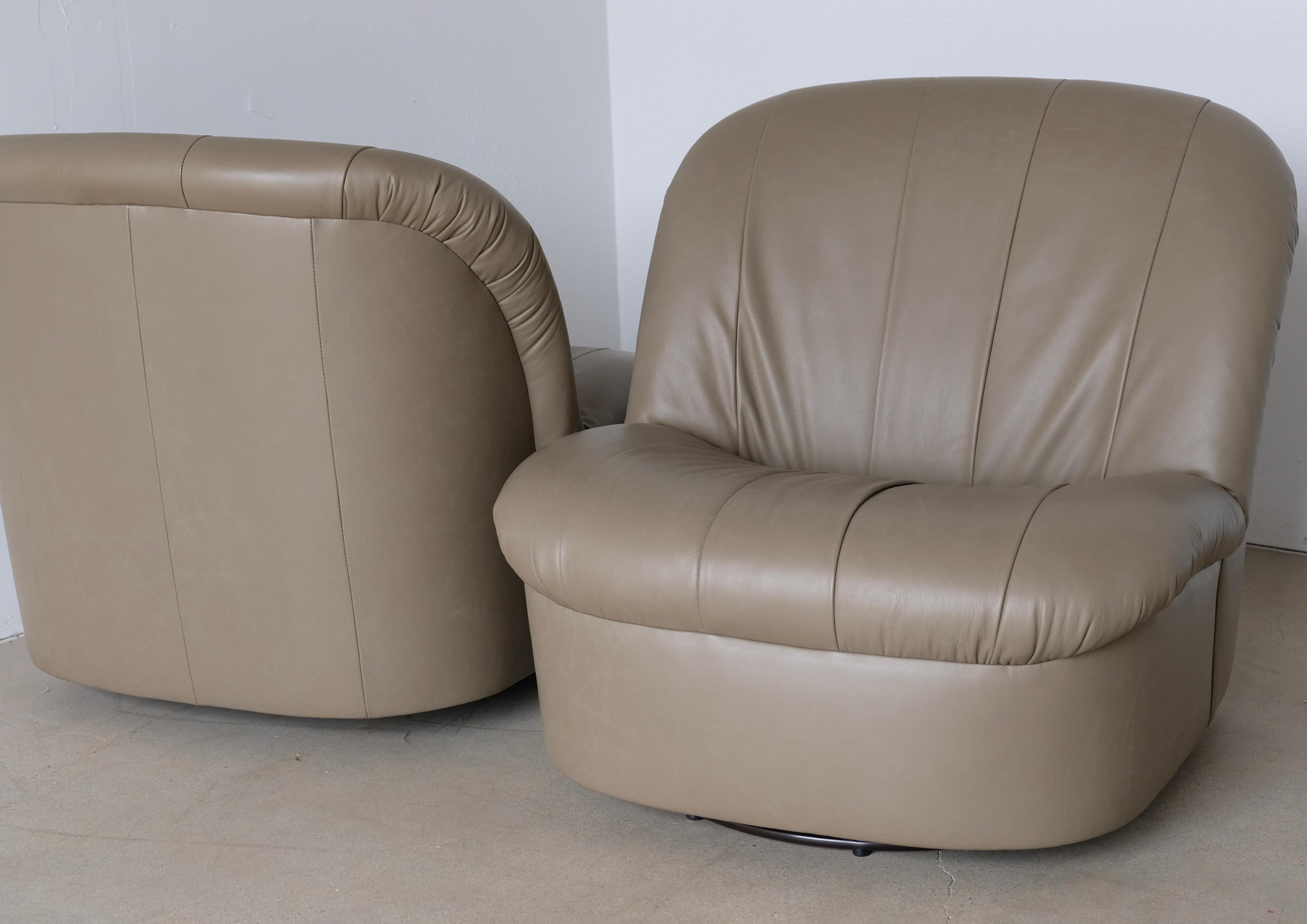 Pair of Pale Olive Green Leather Low 1970s Swivel Slipper Lounge Chairs 3