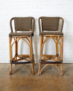 Pair of Palecek Bamboo Rattan Organic Modern Bar Stools