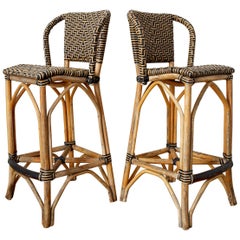 Used Pair of Palecek Bamboo Rattan Organic Modern Bar Stools