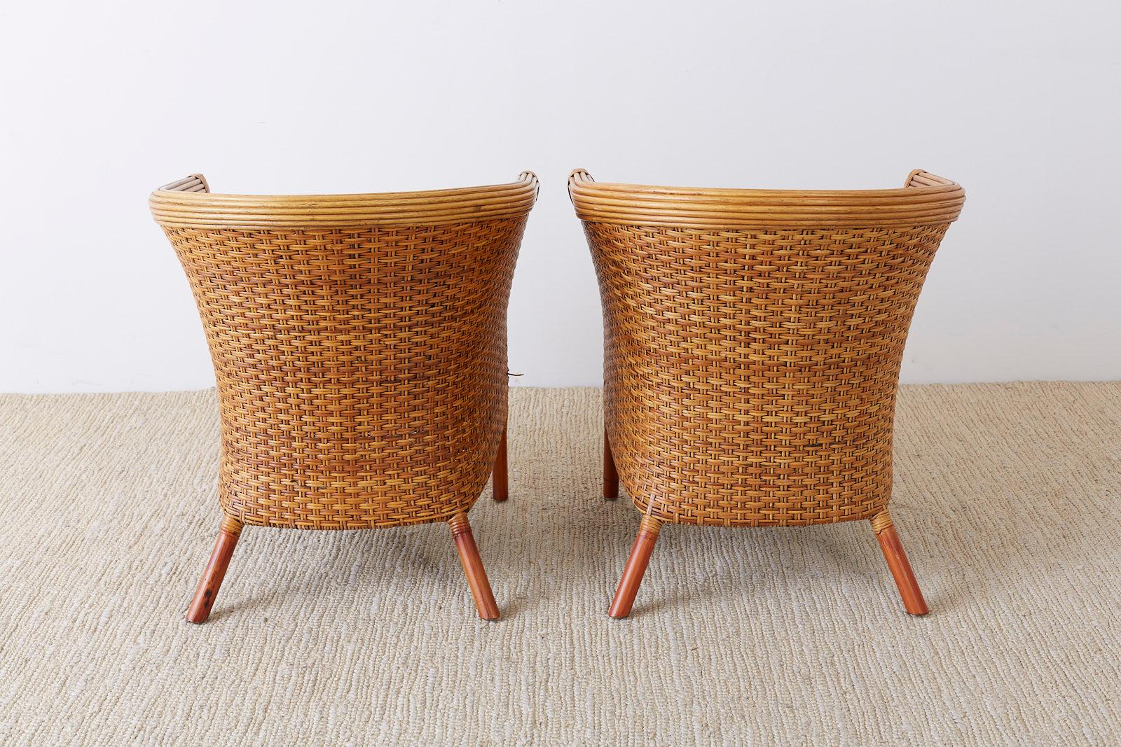 Pair of Palecek Bamboo Rattan Wicker Barrel Chairs 4