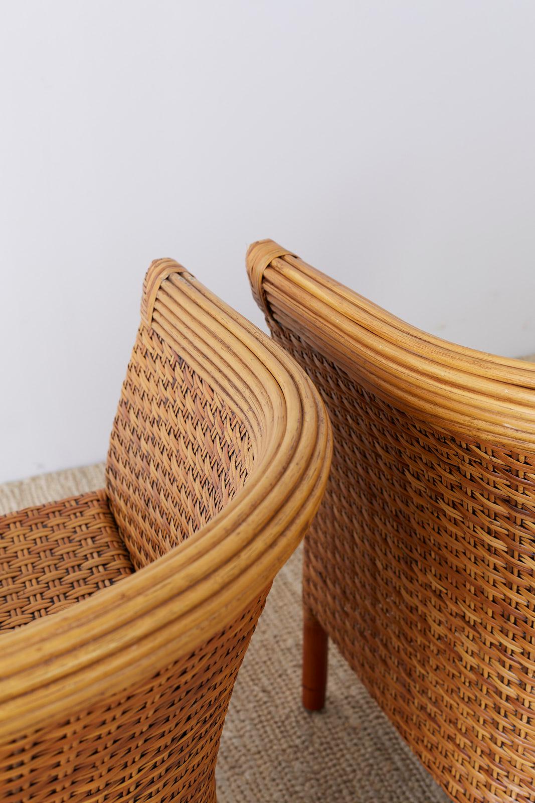 Pair of Palecek Bamboo Rattan Wicker Barrel Chairs 5