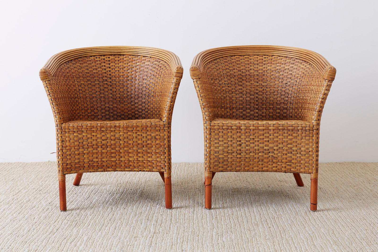 Pair of Palecek Bamboo Rattan Wicker Barrel Chairs 10