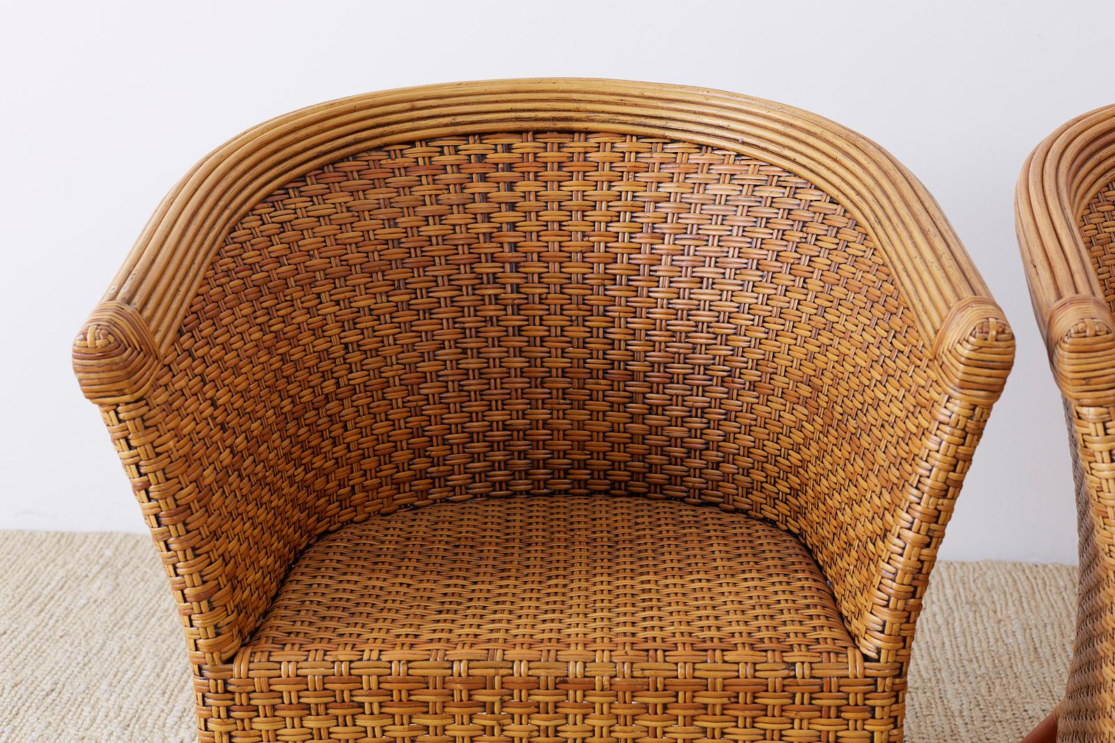 Organic Modern Pair of Palecek Bamboo Rattan Wicker Barrel Chairs