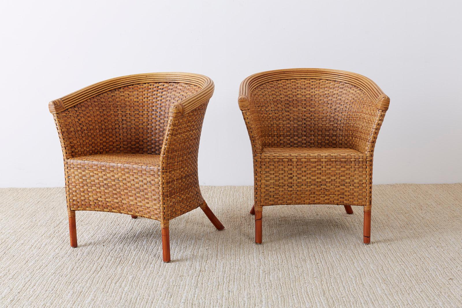 Hand-Crafted Pair of Palecek Bamboo Rattan Wicker Barrel Chairs