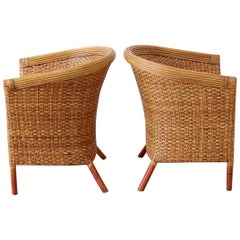 Pair of Palecek Bamboo Rattan Wicker Barrel Chairs