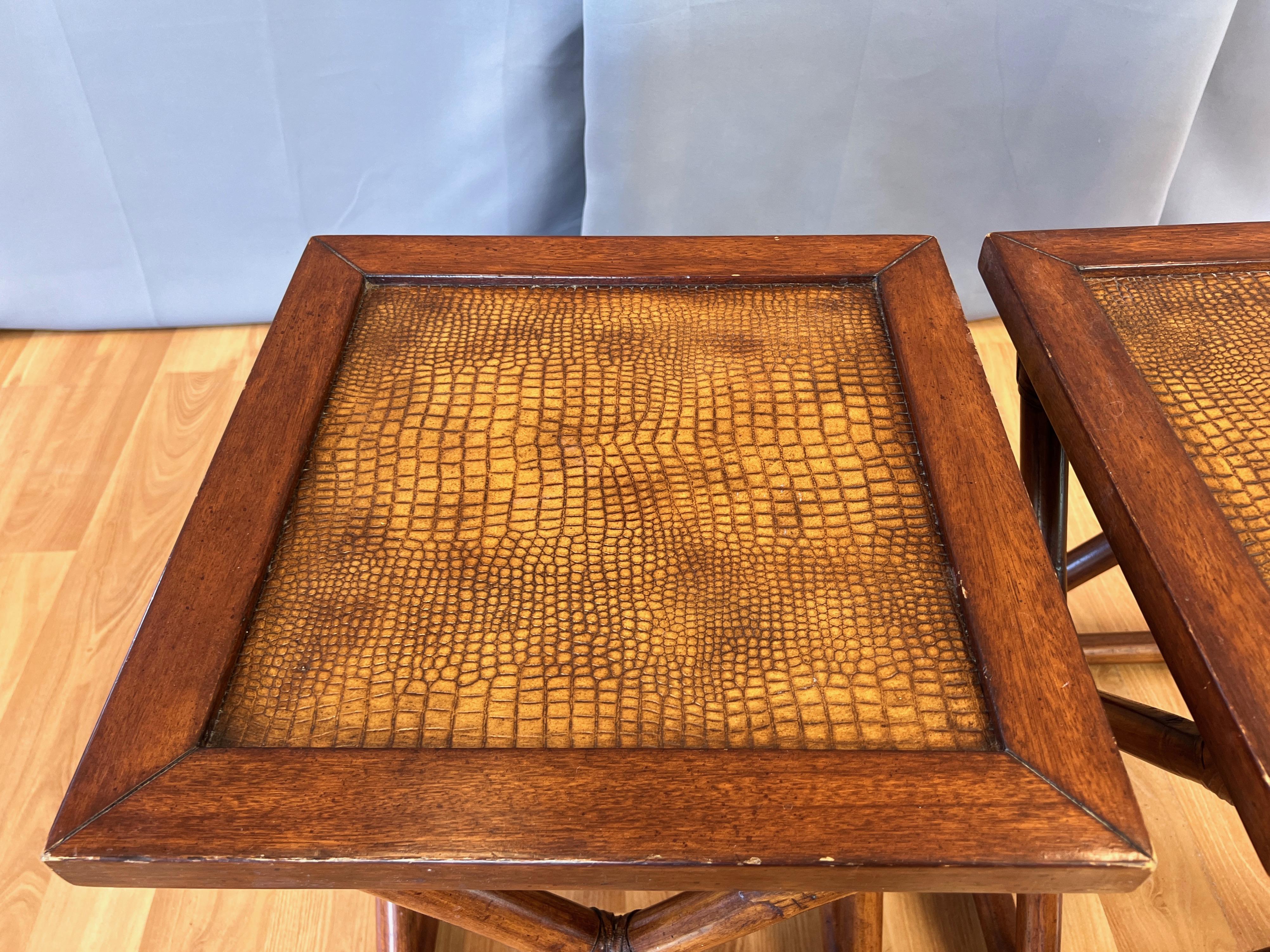 Pair of Palecek Rattan End Tables with Faux Crocodile Leather Tops, c. 2010 For Sale 3