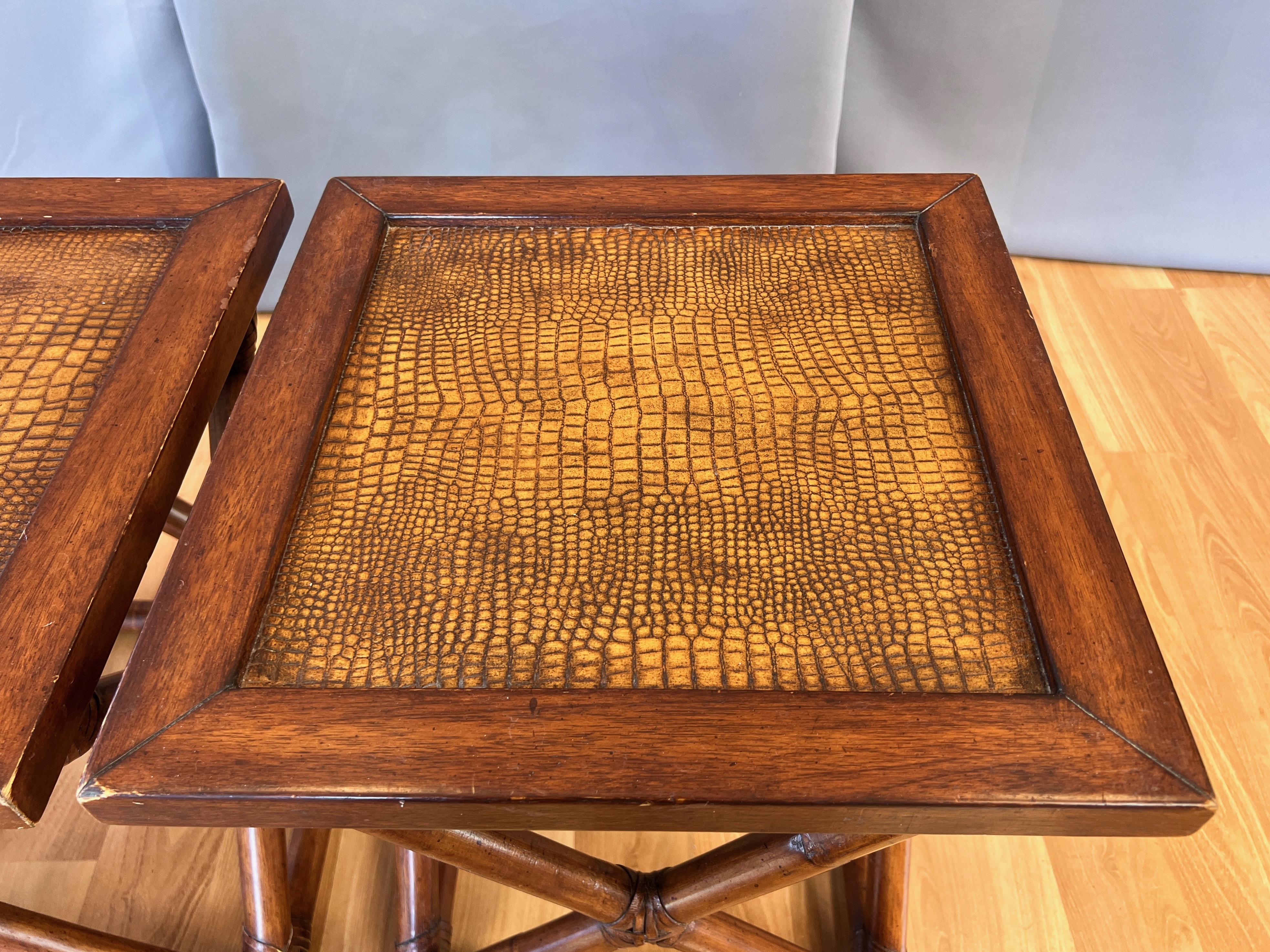 Pair of Palecek Rattan End Tables with Faux Crocodile Leather Tops, c. 2010 For Sale 4
