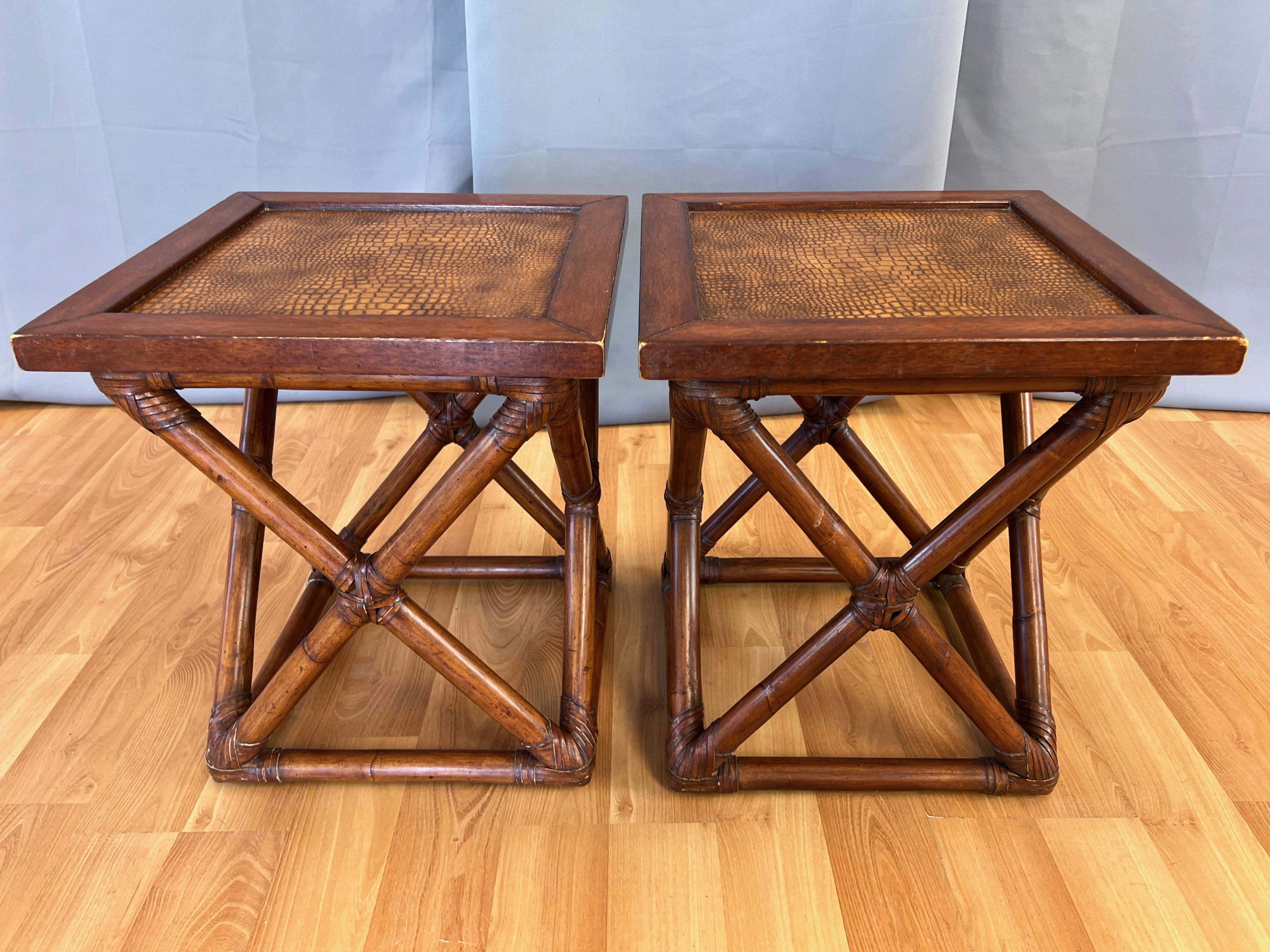 Pair of Palecek Rattan End Tables with Faux Crocodile Leather Tops, c. 2010 For Sale 6