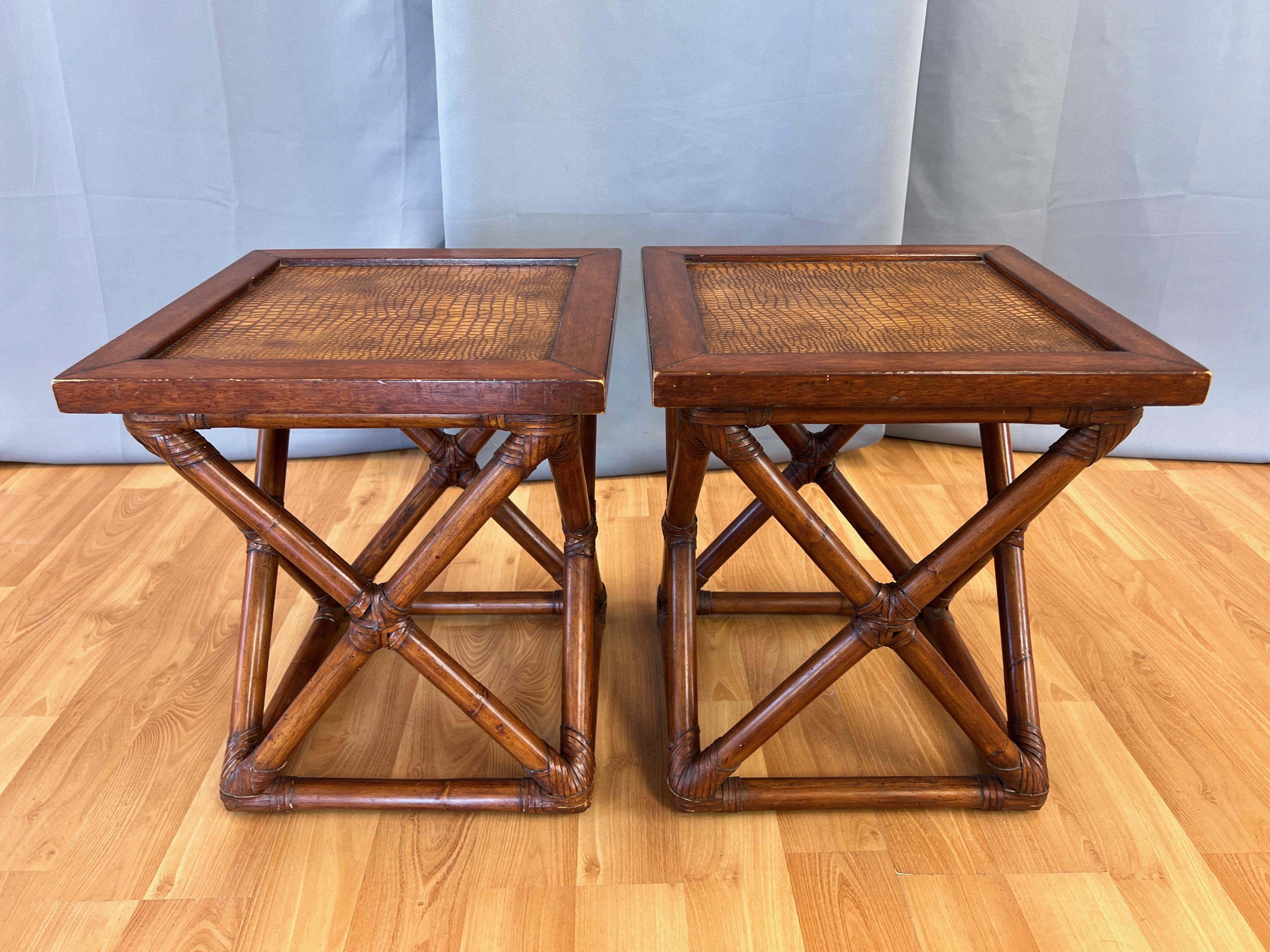 Pair of Palecek Rattan End Tables with Faux Crocodile Leather Tops, c. 2010 For Sale 7