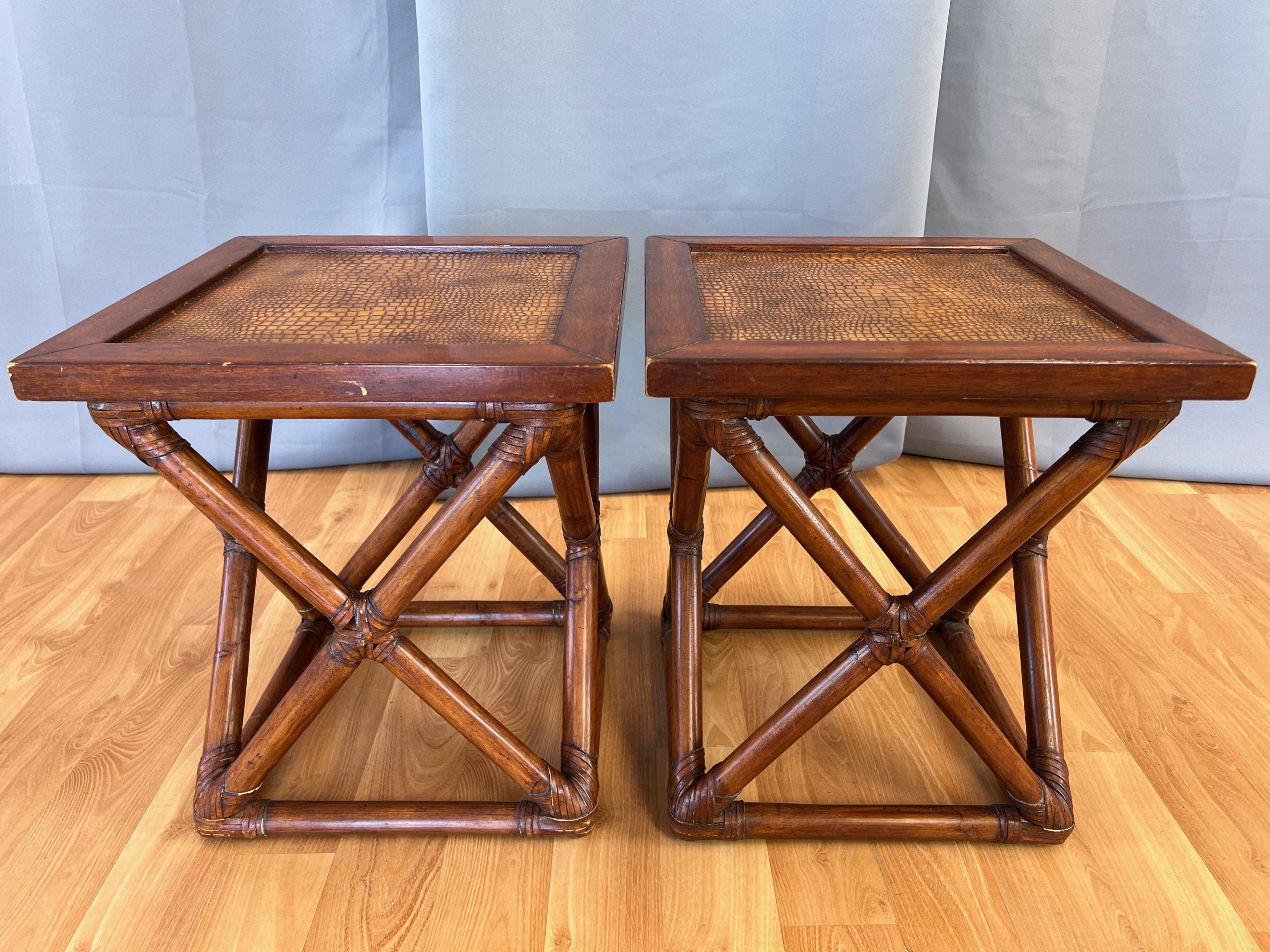 Pair of Palecek Rattan End Tables with Faux Crocodile Leather Tops, c. 2010 For Sale 8