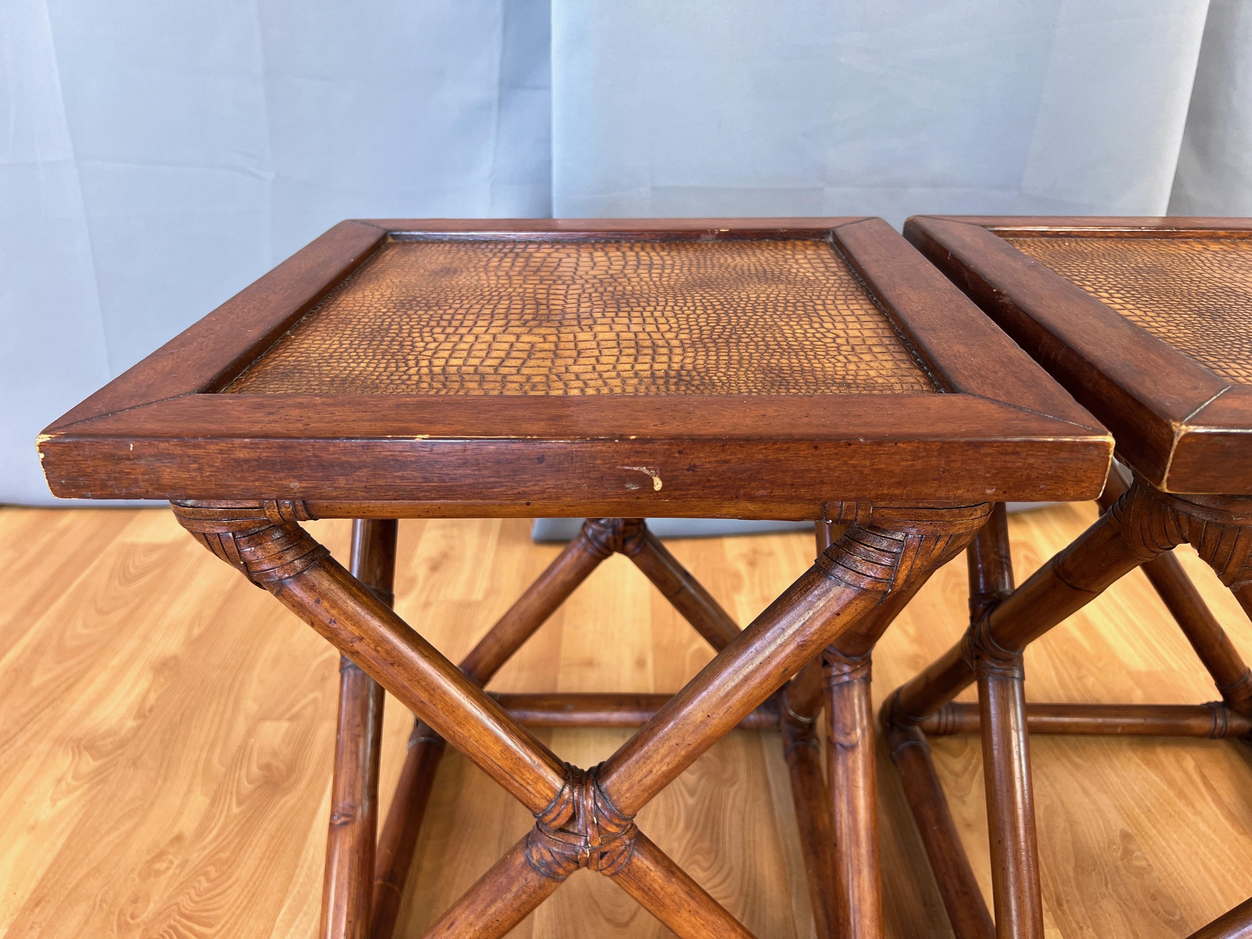 Pair of Palecek Rattan End Tables with Faux Crocodile Leather Tops, c. 2010 For Sale 9
