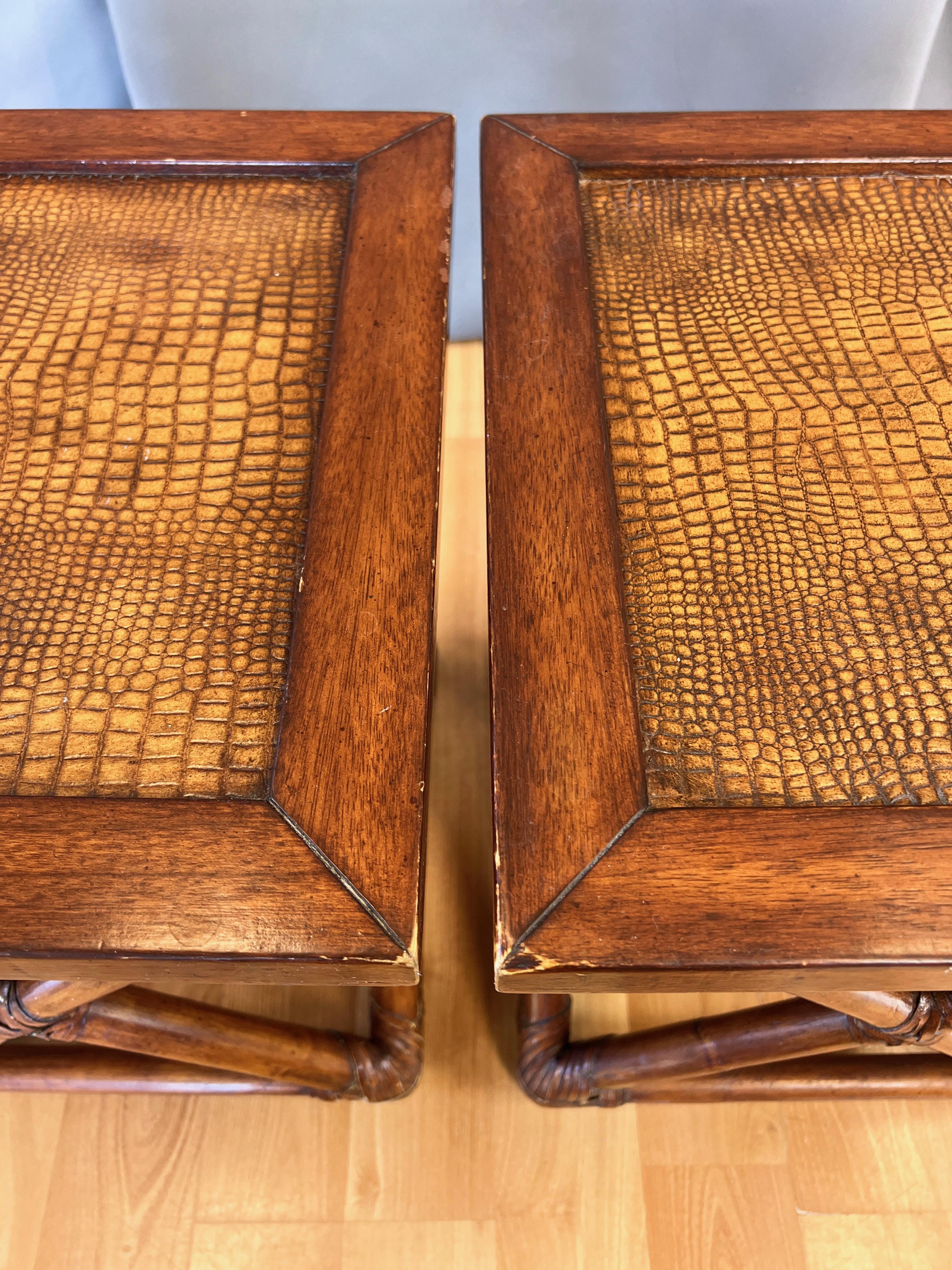 Pair of Palecek Rattan End Tables with Faux Crocodile Leather Tops, c. 2010 For Sale 10