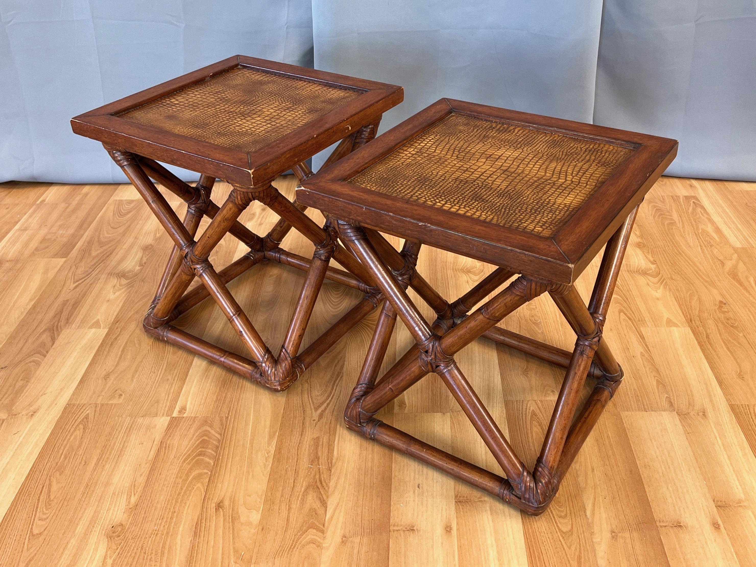 Campaign Pair of Palecek Rattan End Tables with Faux Crocodile Leather Tops, c. 2010 For Sale