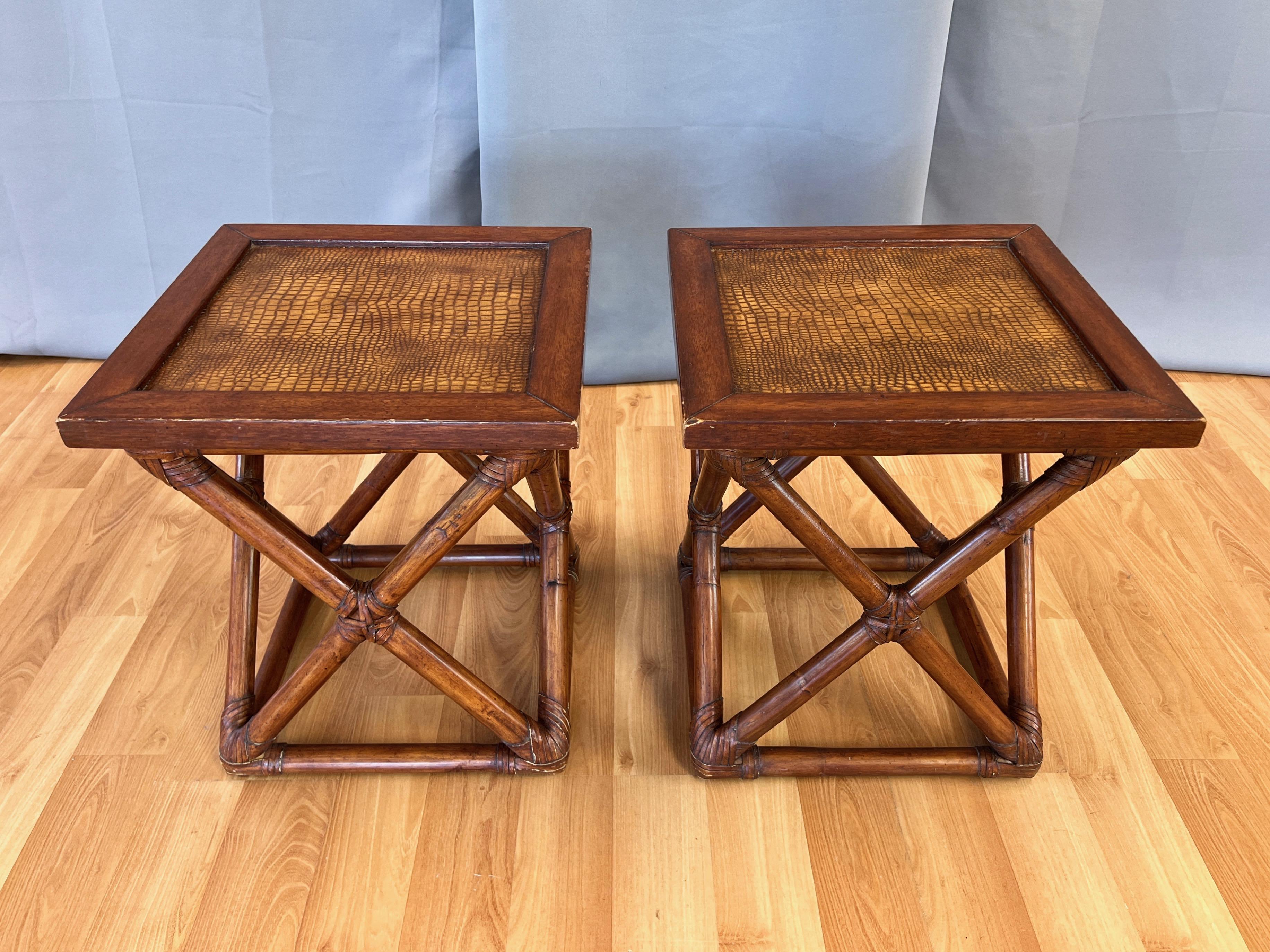 American Pair of Palecek Rattan End Tables with Faux Crocodile Leather Tops, c. 2010 For Sale