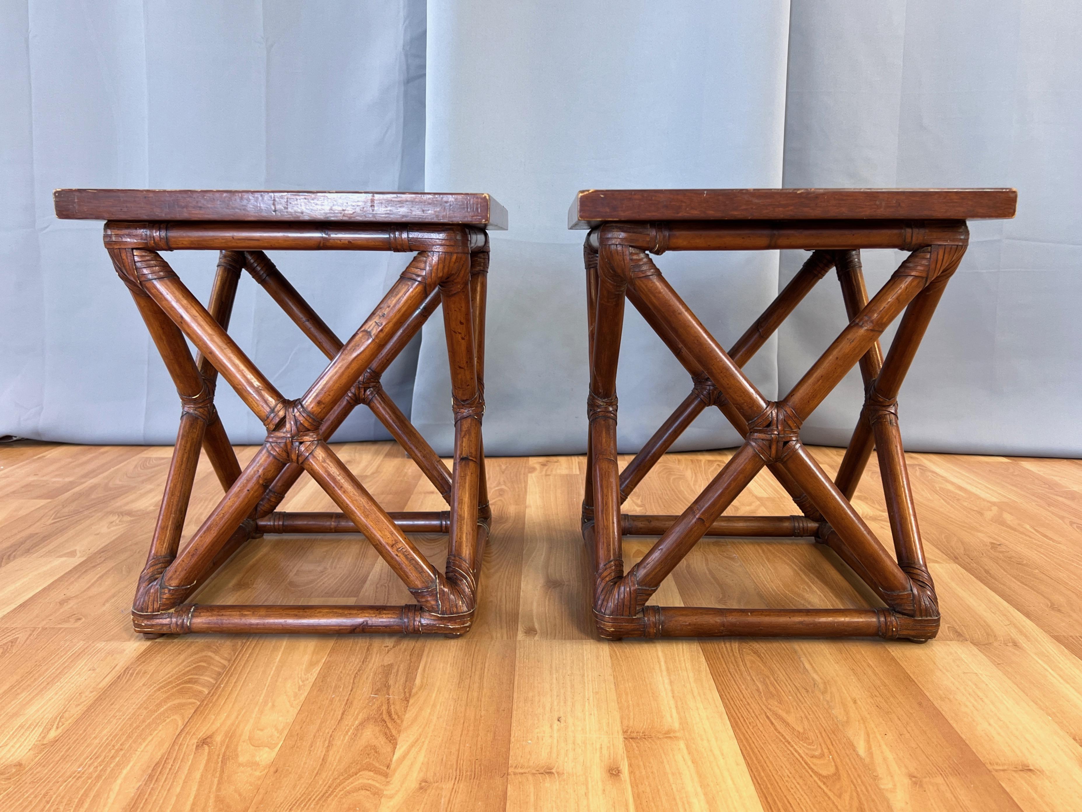 Embossed Pair of Palecek Rattan End Tables with Faux Crocodile Leather Tops, c. 2010 For Sale