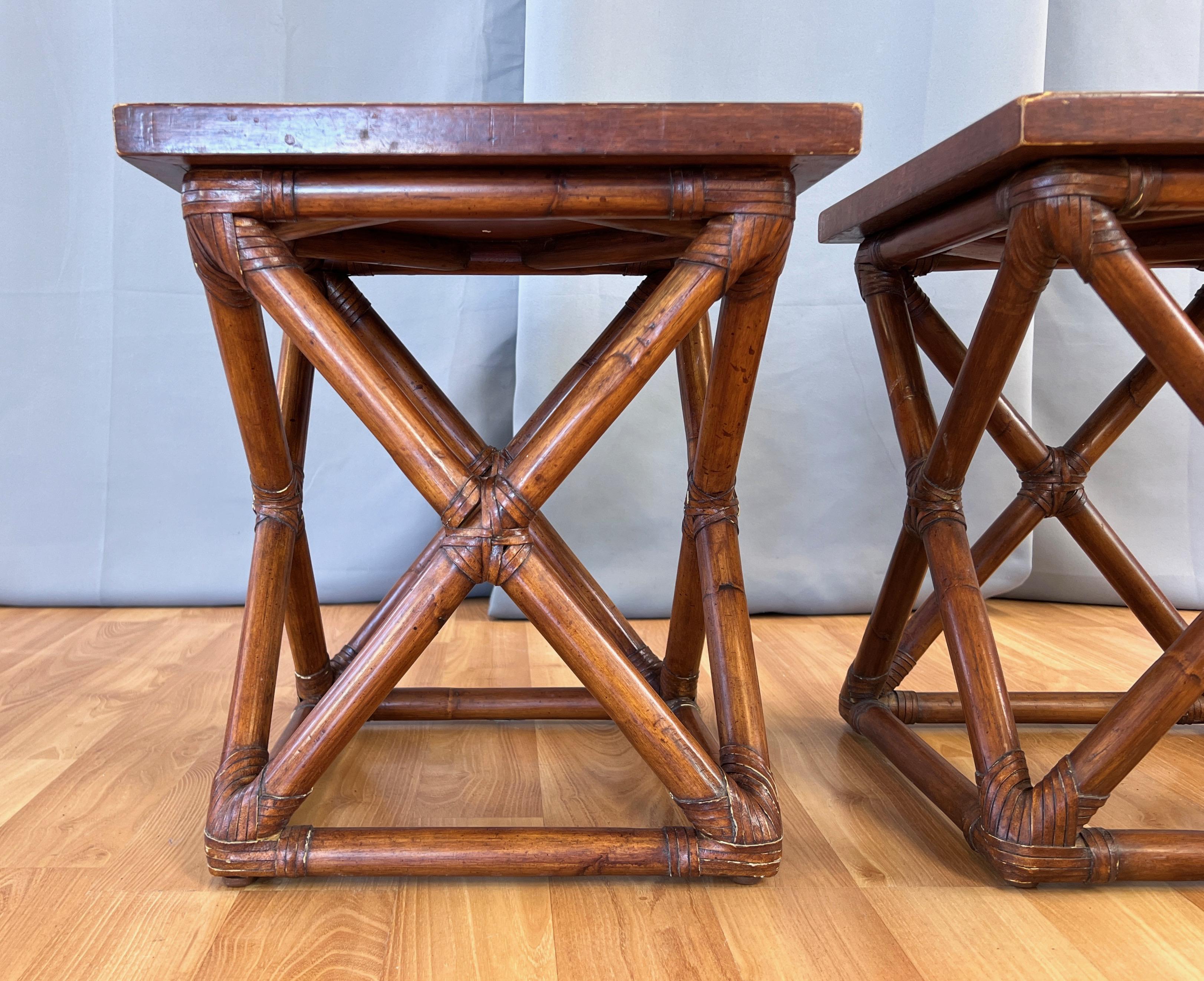 Pair of Palecek Rattan End Tables with Faux Crocodile Leather Tops, c. 2010 In Good Condition For Sale In San Francisco, CA