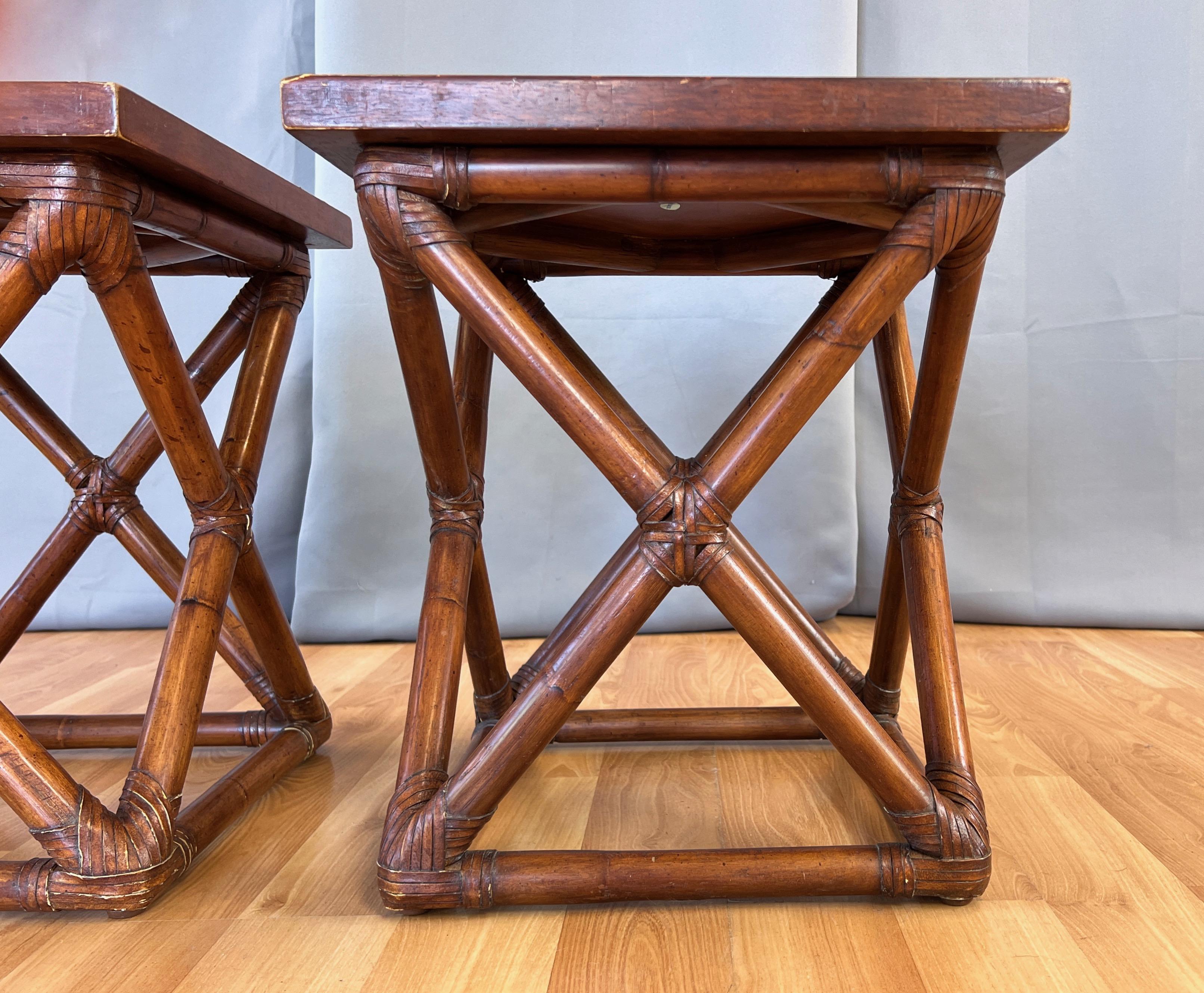 Contemporary Pair of Palecek Rattan End Tables with Faux Crocodile Leather Tops, c. 2010 For Sale