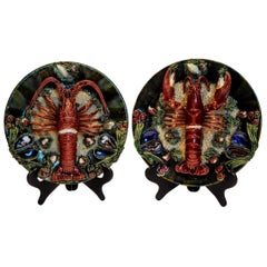 Pair of Palissy Style Lobster Tromp L'oeil Wall Plaques, Caldas Da Rainha 1920