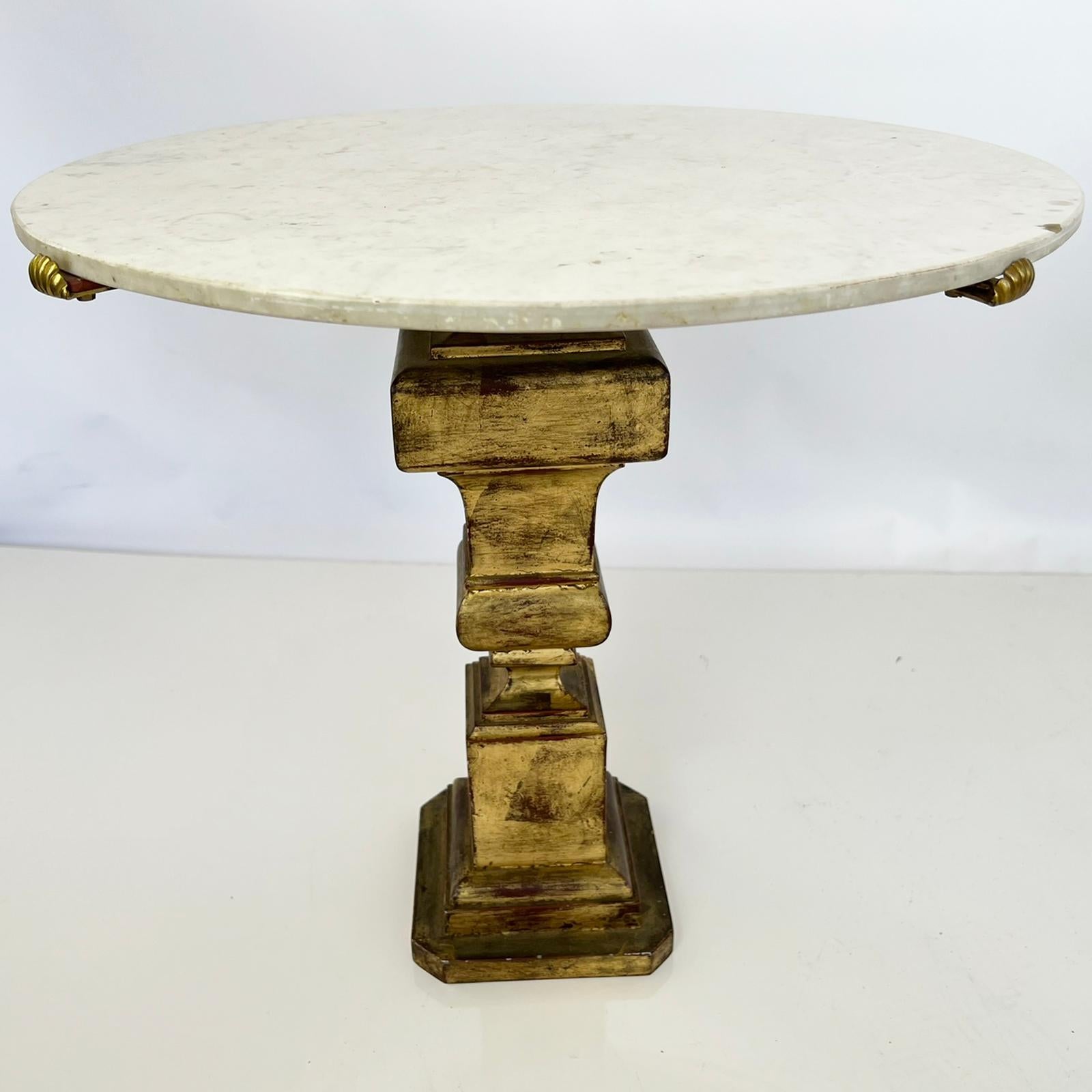 Pair of Palladio Accent Tables with Round Carrara Marble Tops In Good Condition For Sale In West Palm Beach, FL