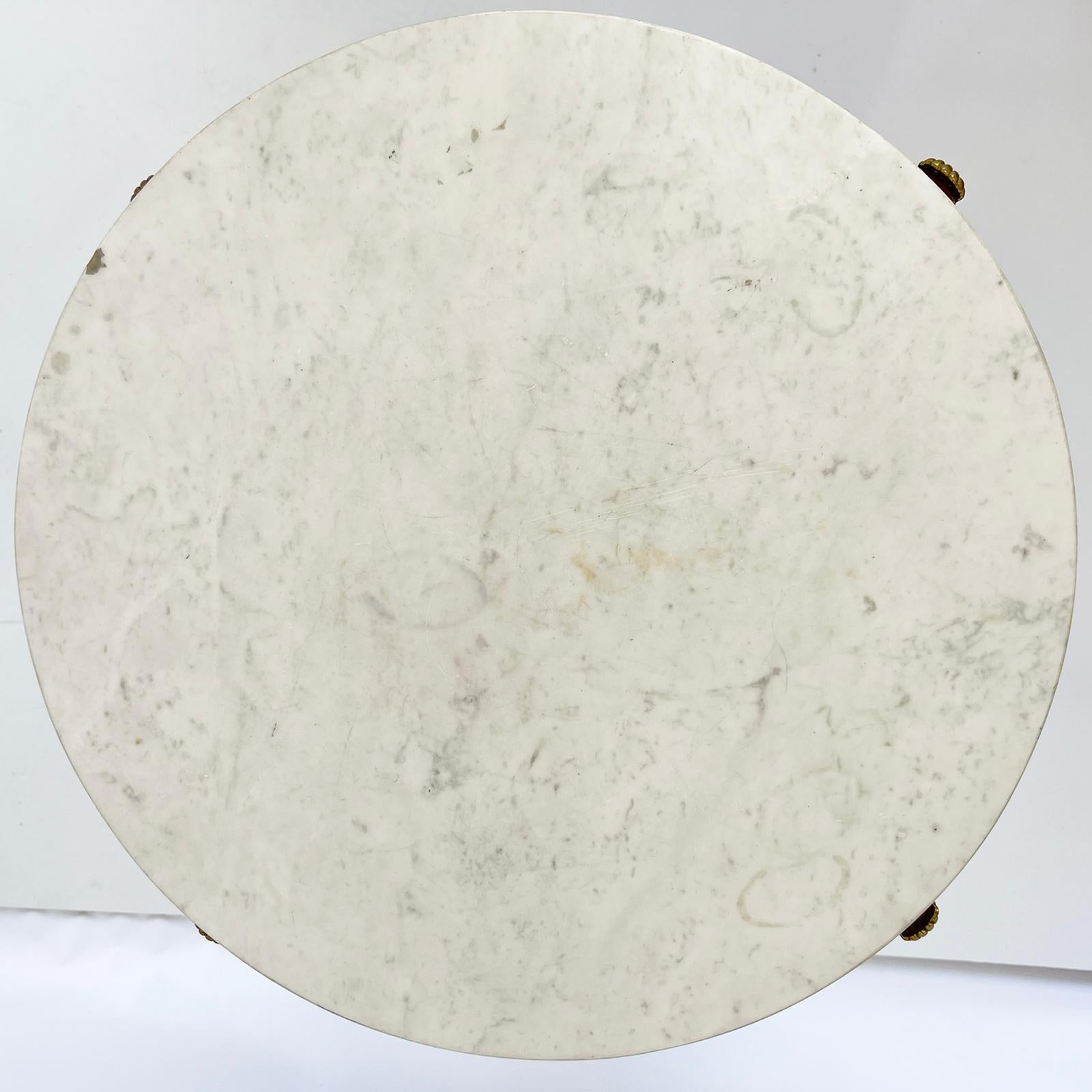 Metal Pair of Palladio Accent Tables with Round Carrara Marble Tops For Sale