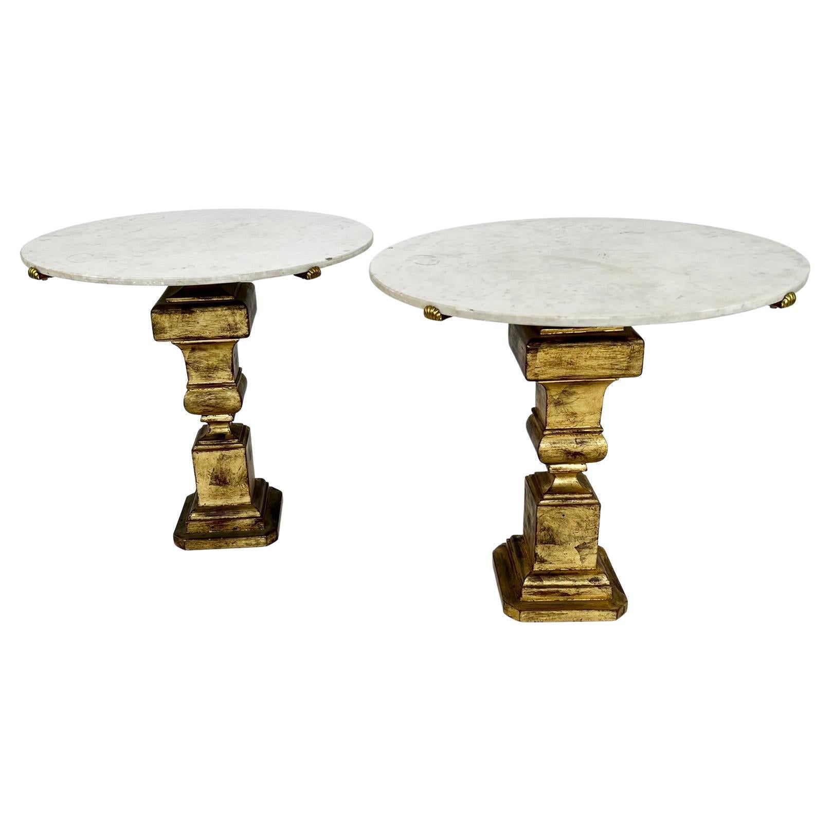 Pair of Palladio Accent Tables with Round Carrara Marble Tops For Sale