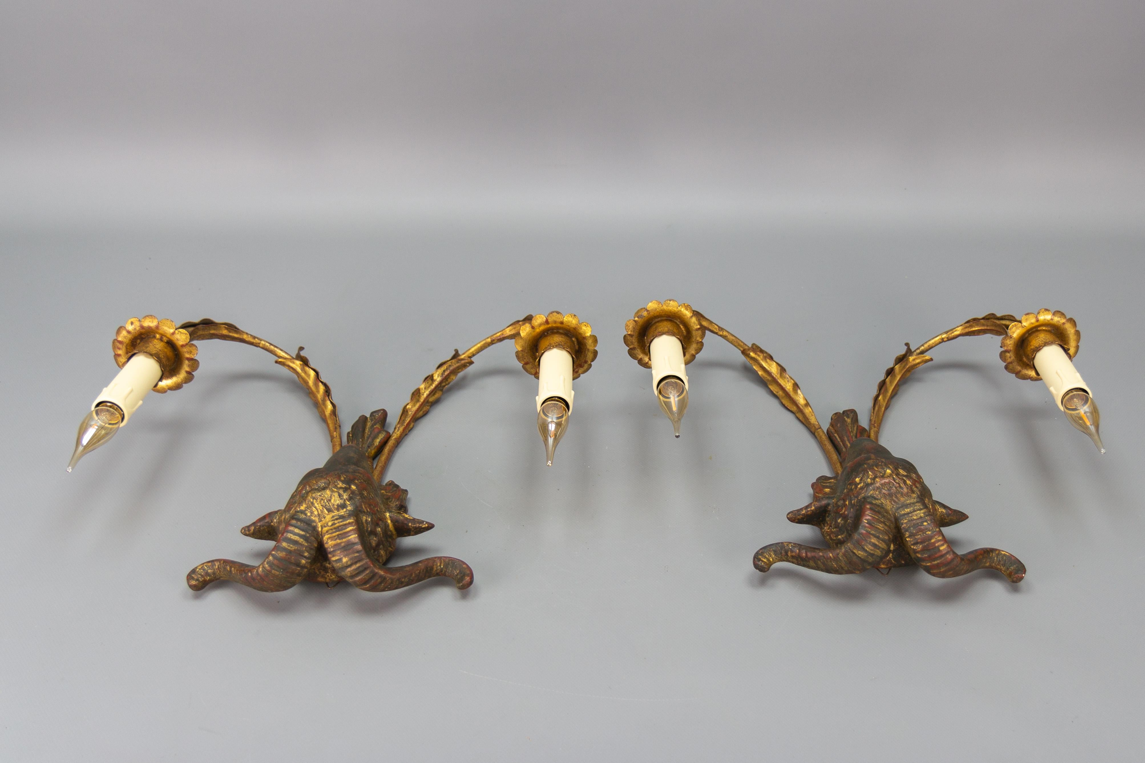 Pair of Palladio Gilt Metal and Giltwood Ram's Head Two-Light Sconces, ca. 1960s For Sale 7
