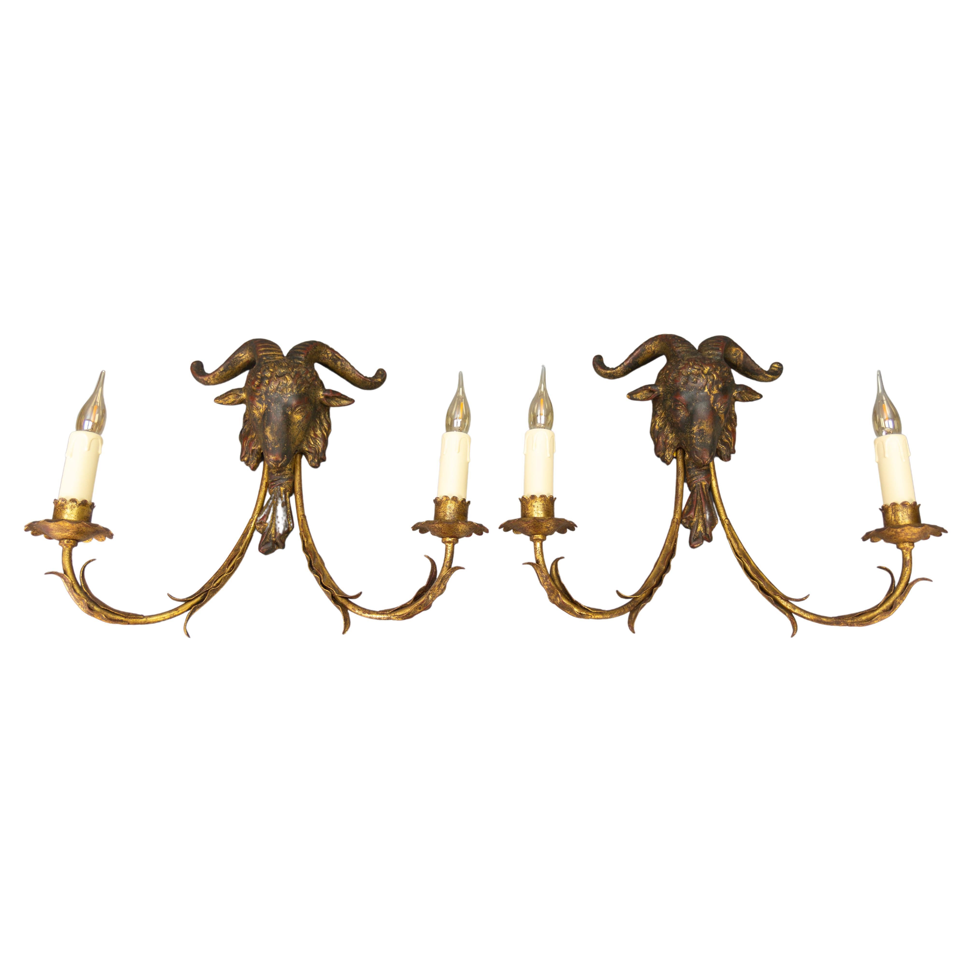 Pair of Palladio Gilt Metal and Giltwood Ram's Head Two-Light Sconces, ca. 1960s For Sale