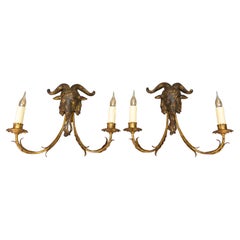 Pair of Palladio Gilt Metal and Giltwood Ram's Head Two-Light Sconces, ca. 1960s