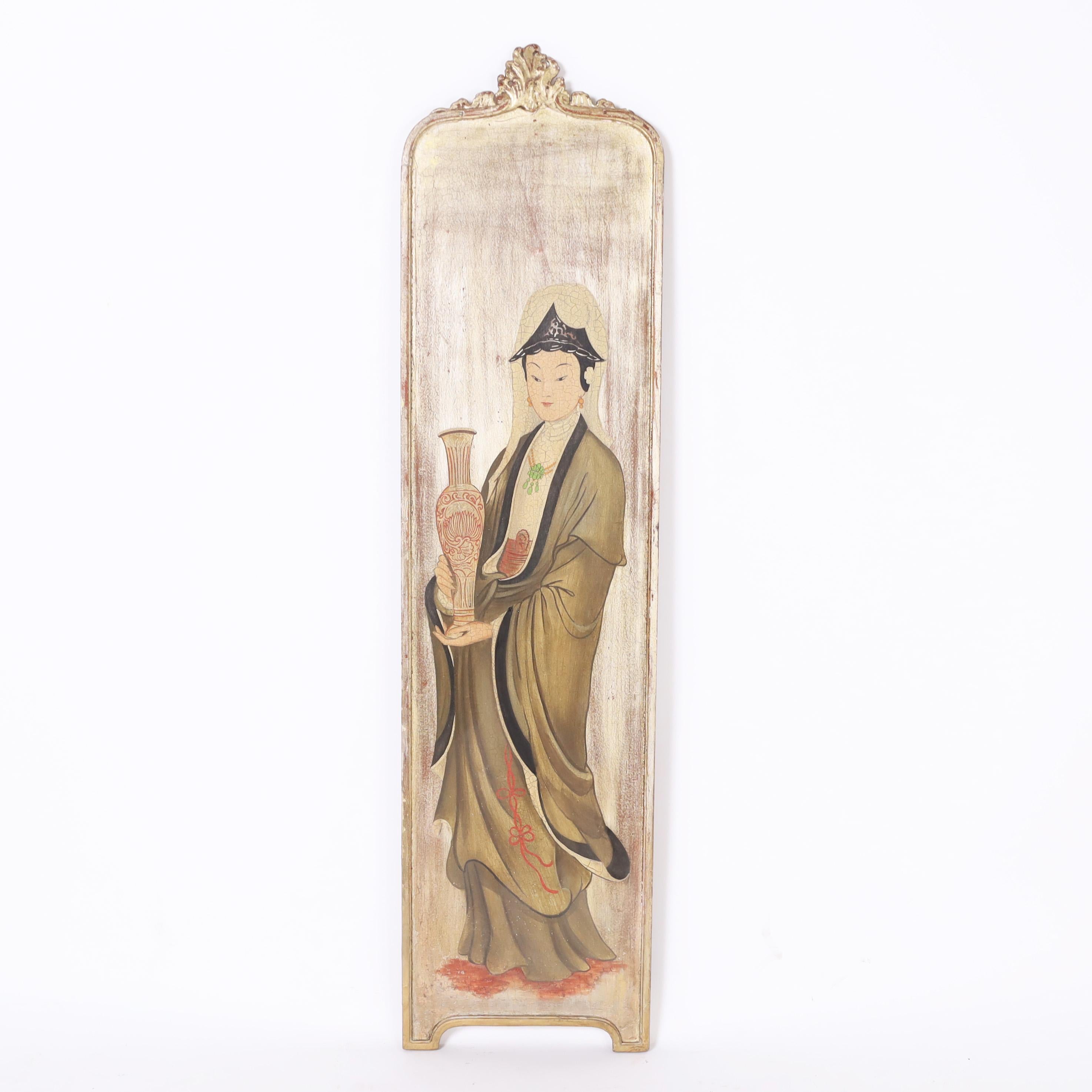 Hardwood Pair of Palladio Painted Chinoiserie Wall Plaques For Sale