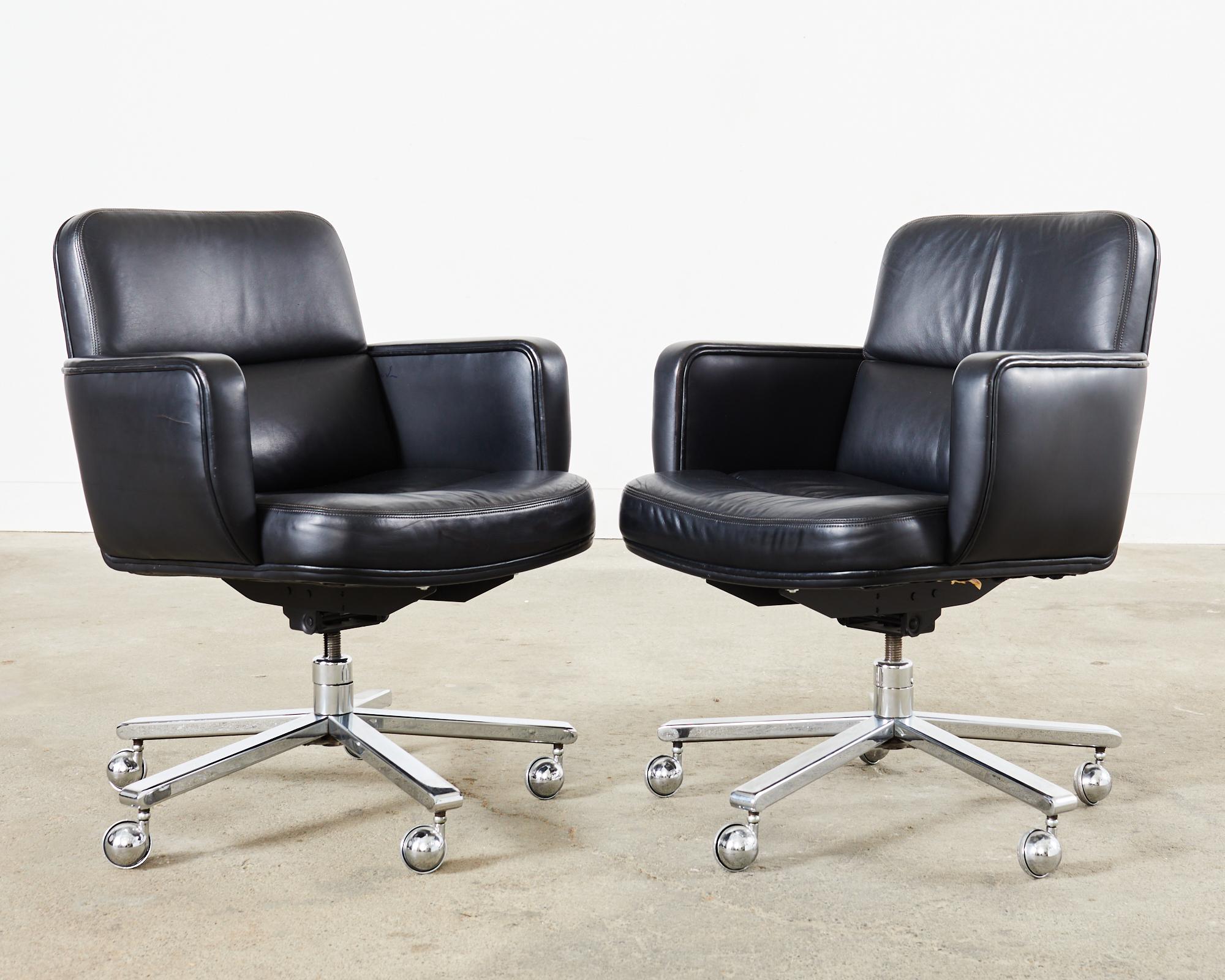Hand-Crafted Pair of Palladium Soft Pad Leather Executive Office Desk Chairs For Sale