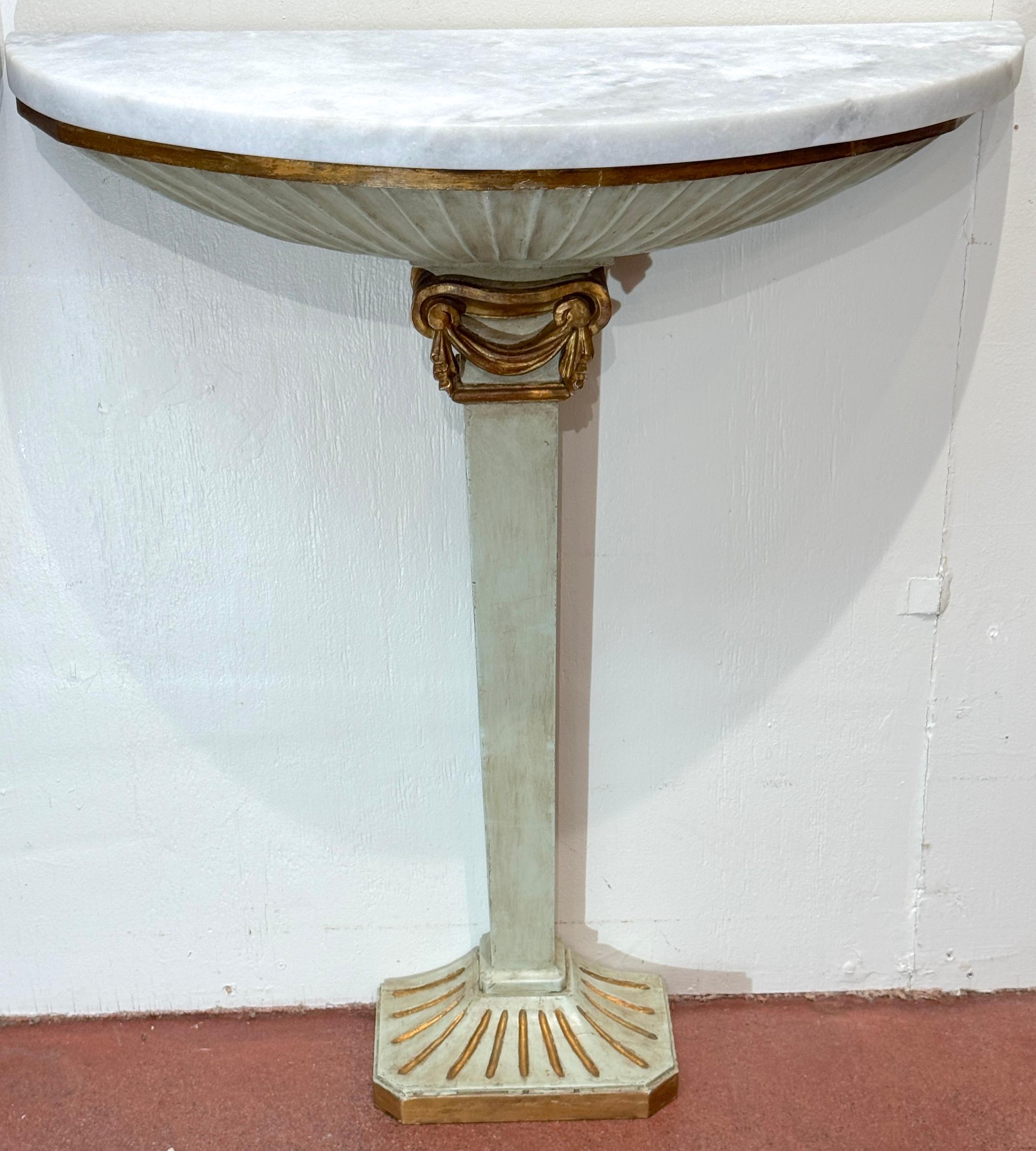 Italian Pair of Pallido Italy Neoclassical Stylized Urn Giltwood & Marble Console Tables For Sale