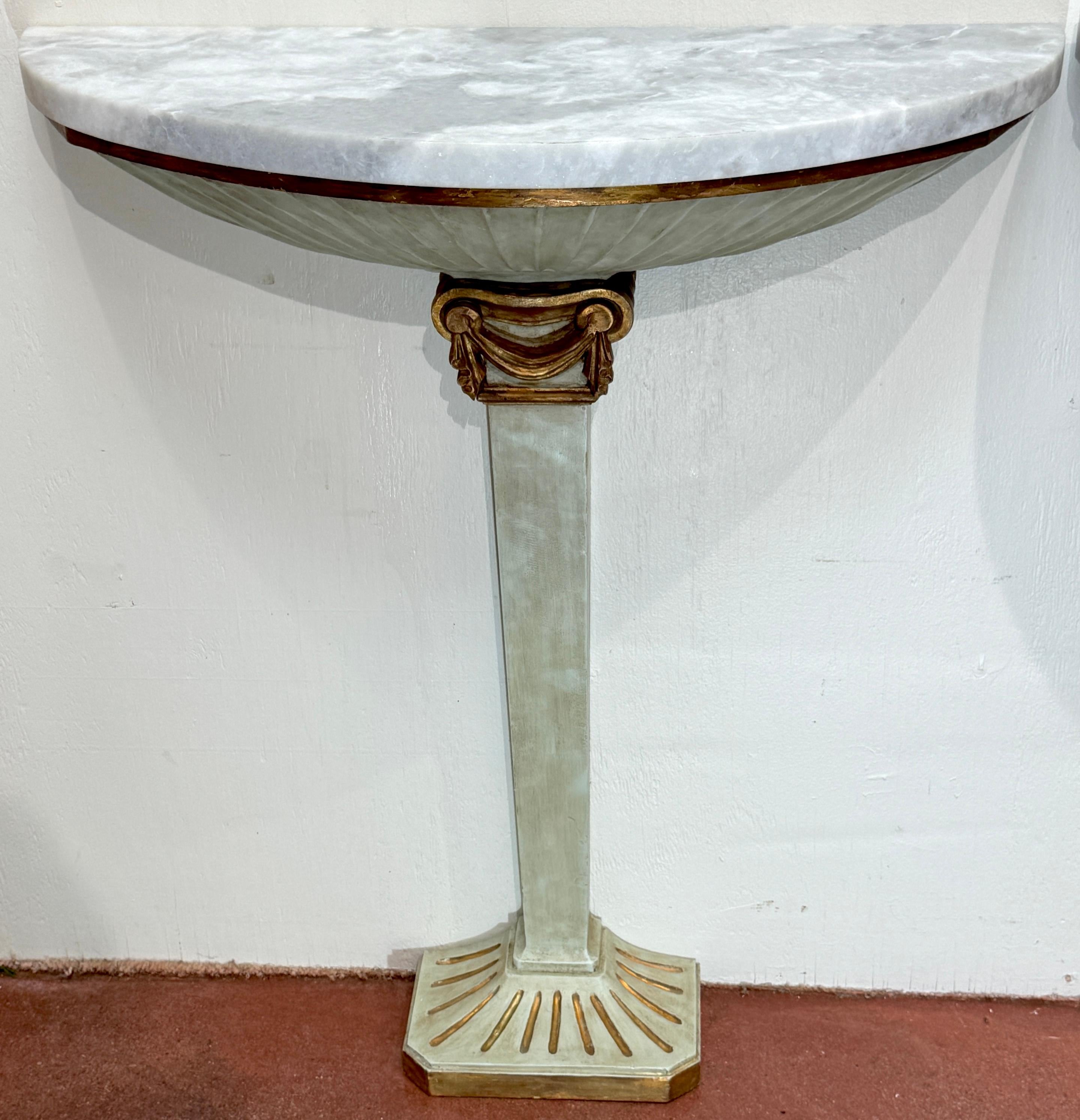 Carved Pair of Pallido Italy Neoclassical Stylized Urn Giltwood & Marble Console Tables For Sale