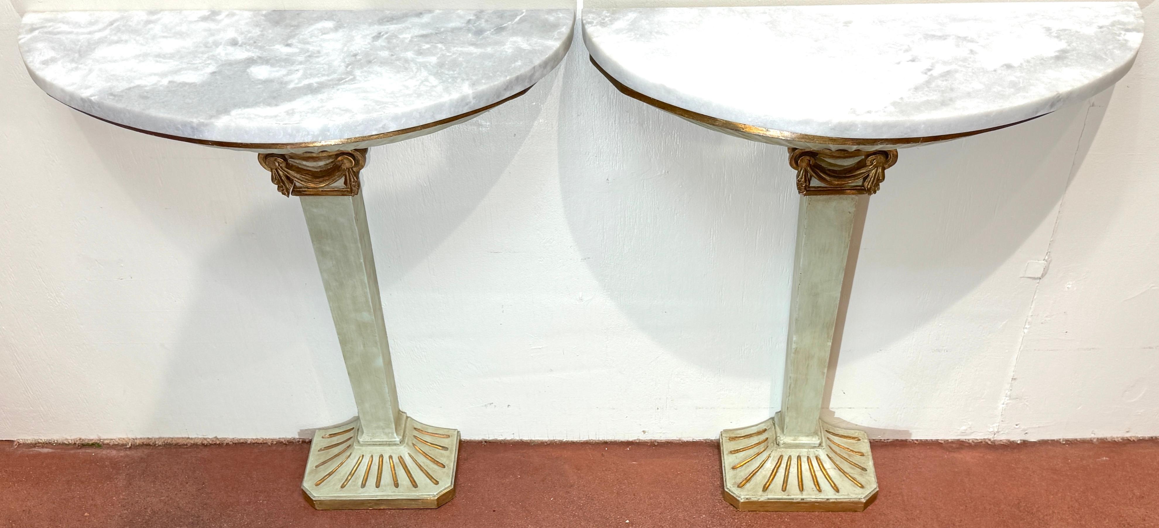 Pair of Pallido Italy Neoclassical Stylized Urn Giltwood & Marble Console Tables For Sale 3