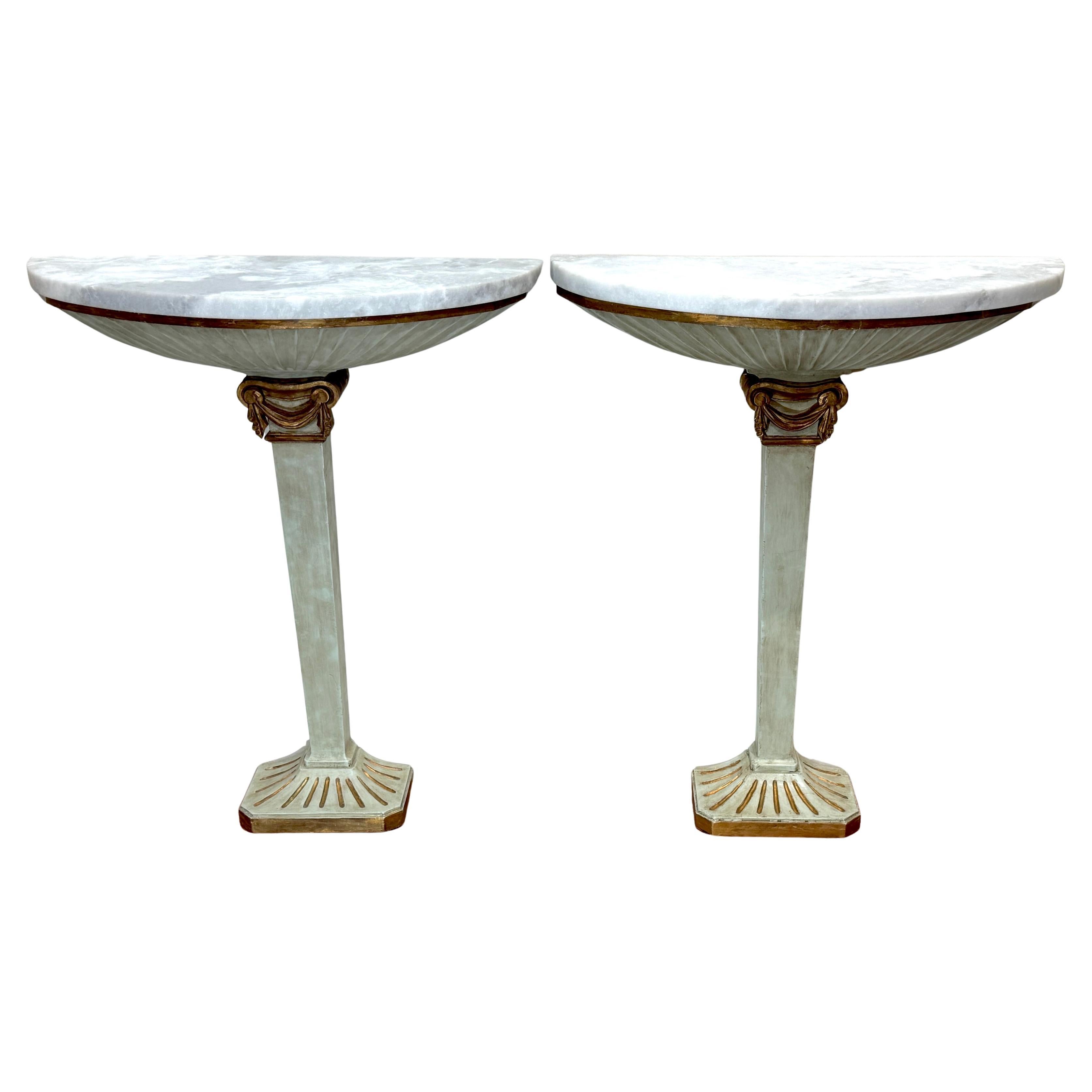 Pair of Pallido Italy Neoclassical Stylized Urn Giltwood & Marble Console Tables