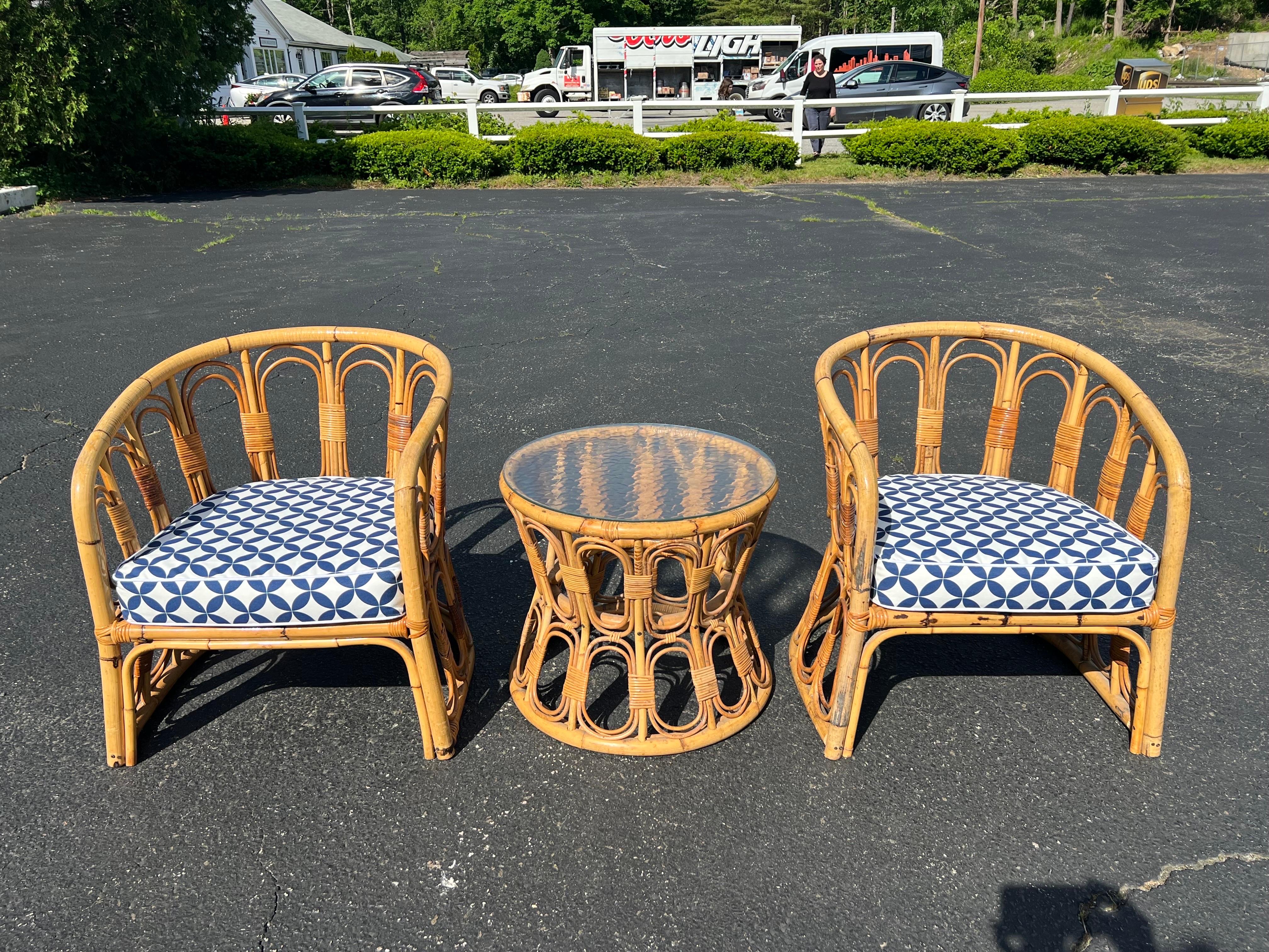 Bohemian Pair of Palm Beach Bamboo Chairs with Matching Table