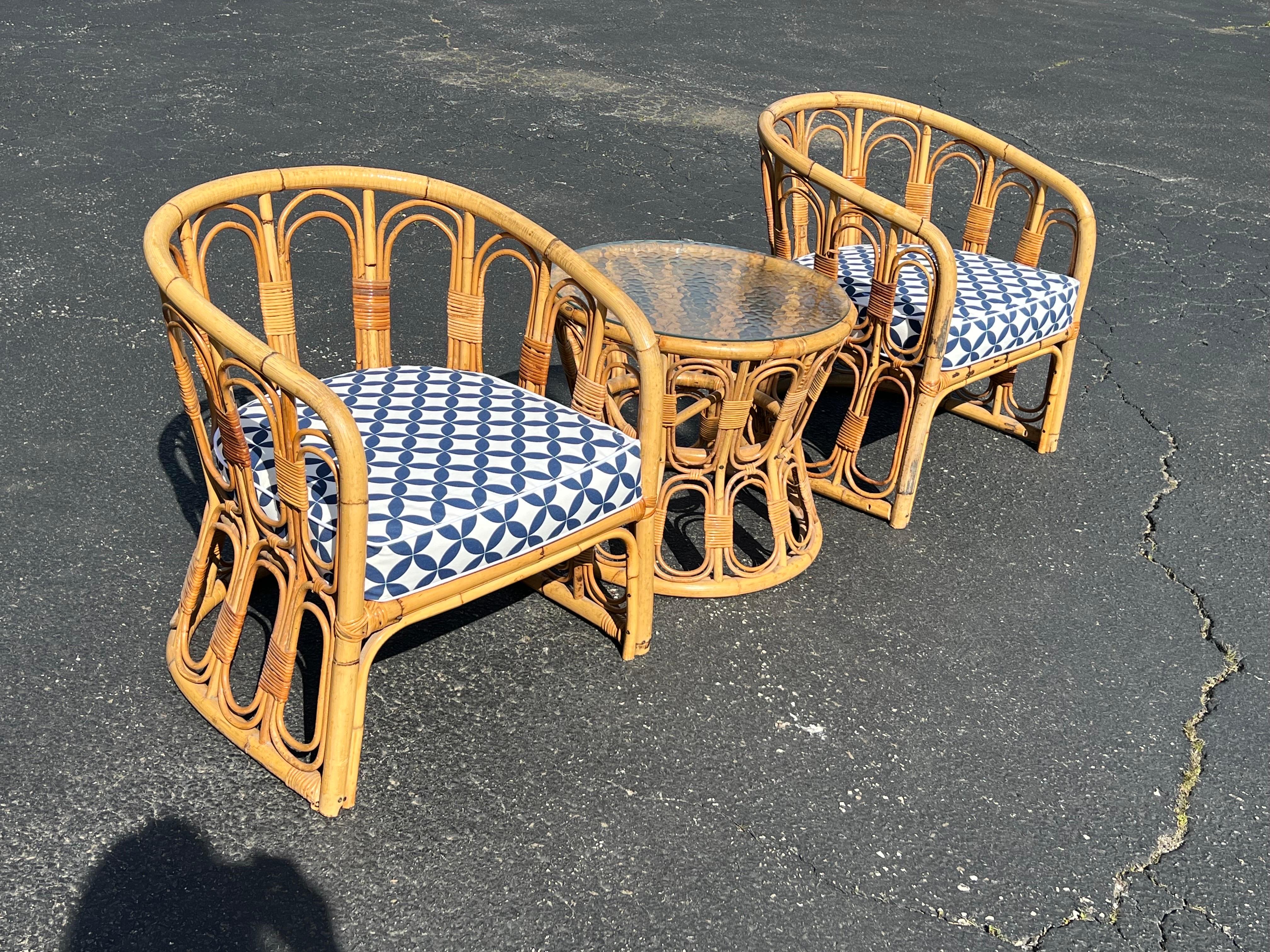 Pair of Palm Beach Bamboo Chairs with Matching Table In Good Condition In Redding, CT