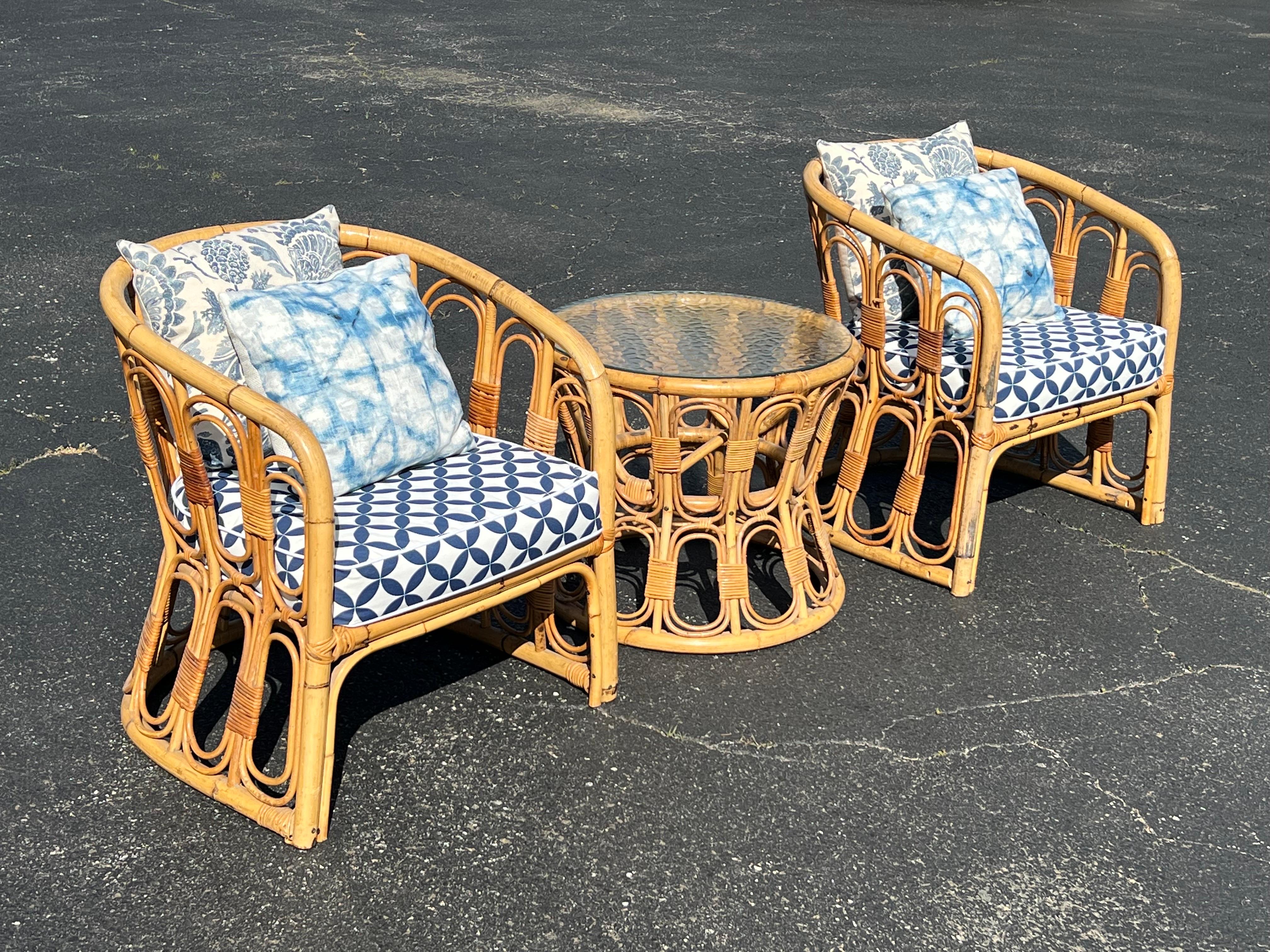 Late 20th Century Pair of Palm Beach Bamboo Chairs with Matching Table