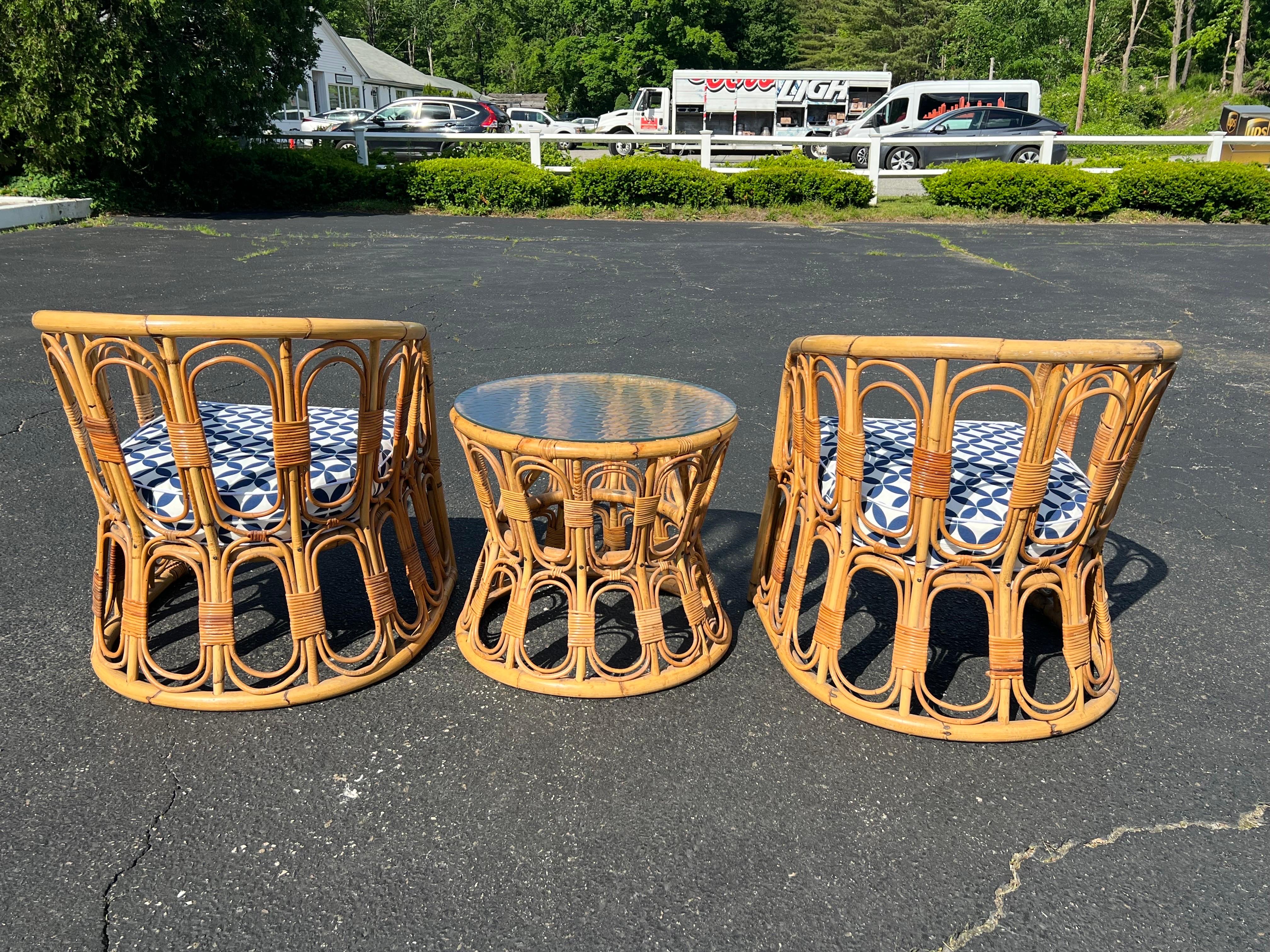Upholstery Pair of Palm Beach Bamboo Chairs with Matching Table