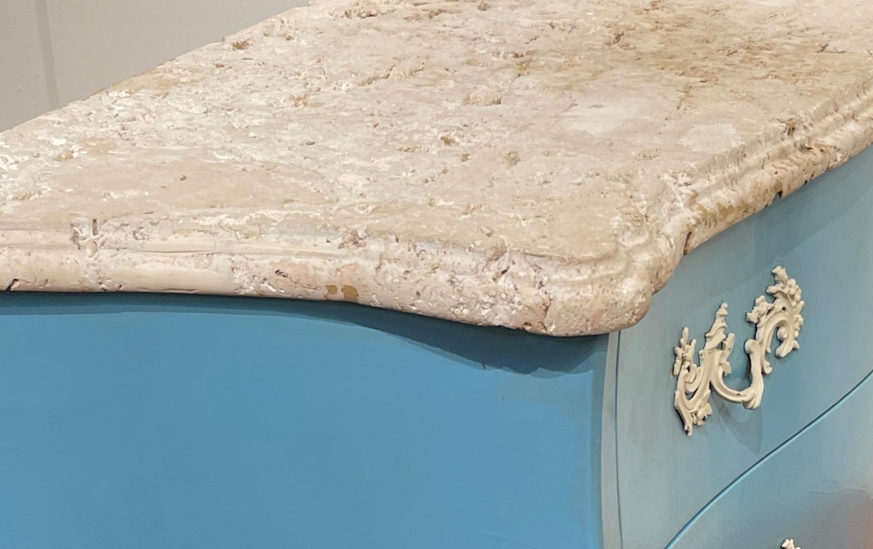Pair of 'Palm Beach Blue' Lacquered Commodes with Natural Coquina Stone For Sale 2