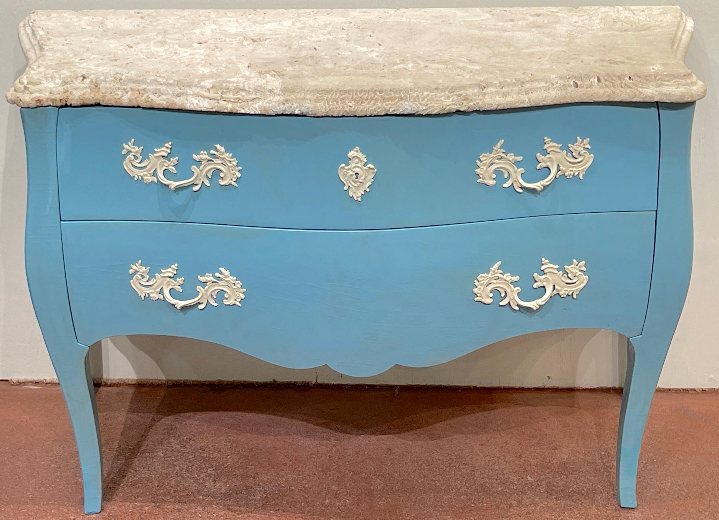Pair of 'Palm Beach Blue' Lacquered Commodes with Natural Coquina Stone For Sale 4