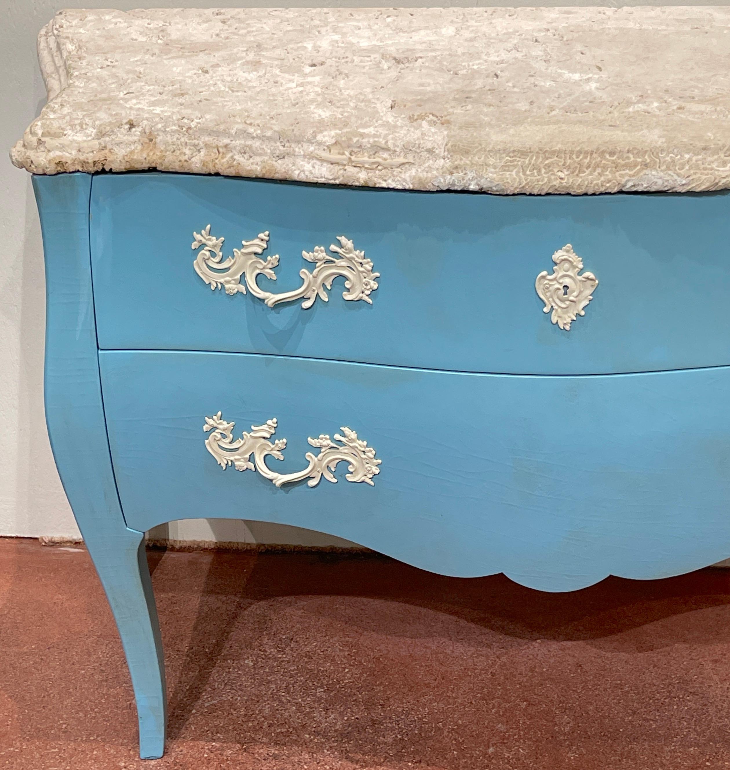 Pair of 'Palm Beach Blue' Lacquered Commodes with Natural Coquina Stone For Sale 5