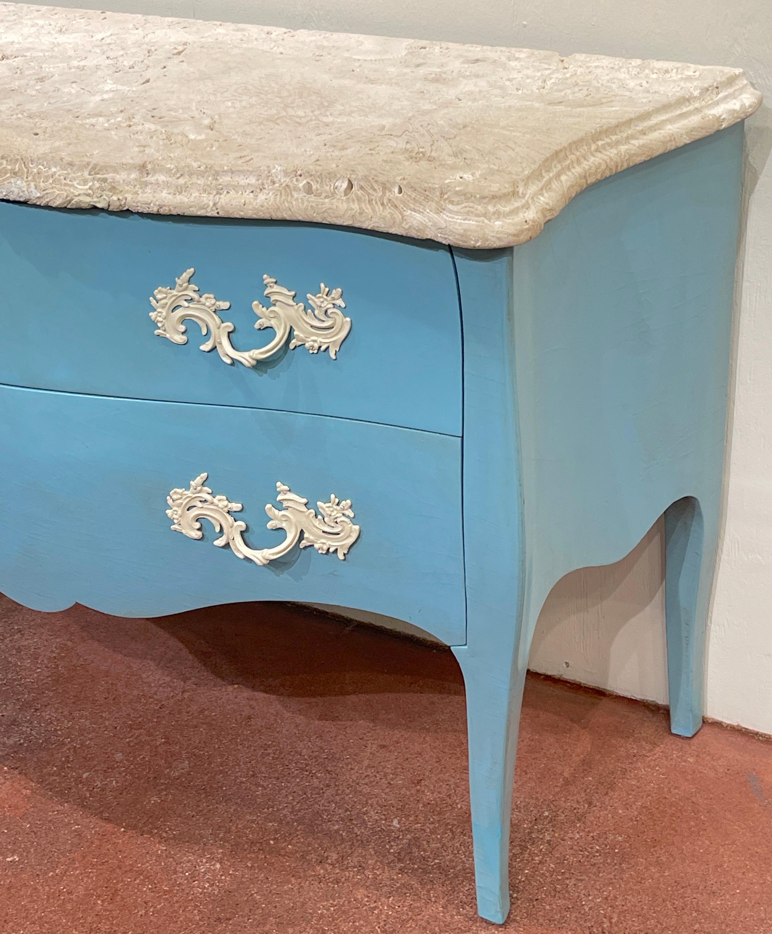 Pair of 'Palm Beach Blue' Lacquered Commodes with Natural Coquina Stone For Sale 6