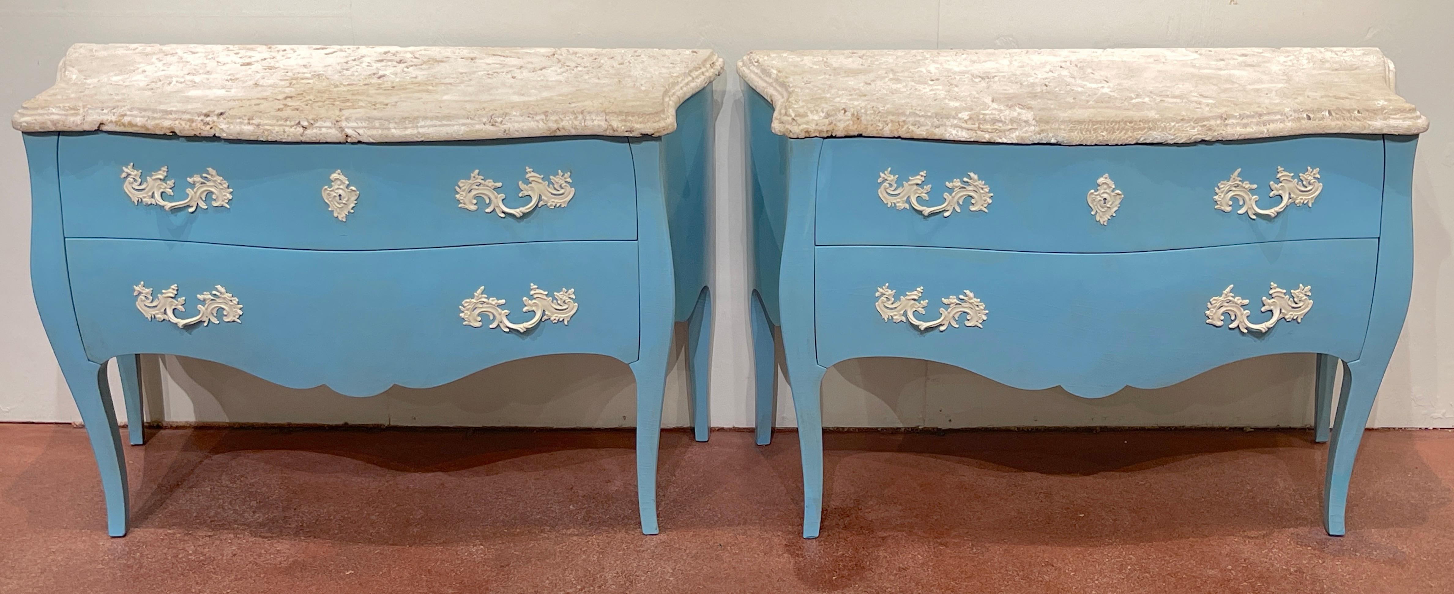 Pair of 'Palm Beach Blue' lacquered commodes with natural coquina stone.
European, purchased in France in 1980s.

A stunning pair of Neoclassical styled bombe commodes. Each one consisting of two parts, a extraordinary carved coquina Sstone